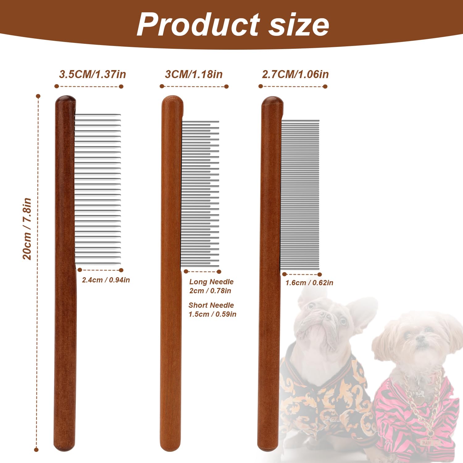 3pcs Solid Wooden Pet Grooming Comb Set - Wide & Narrow Rounded-Tip Teeth for Cats, Dogs & Rabbits | Metal Flea & Tick Comb | Detangles Hair (3 Sizes) | Perfect for Home Grooming & Pet Salon Use
