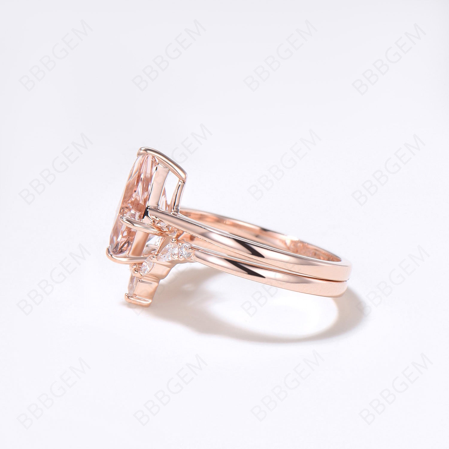 Rose Gold Peach Morganite Engagement Ring Set - Unique Kite Cut Natural Morganite & Moissanite Bridal Ring for Women | Perfect for Proposals, Weddings & Anniversary Gifts