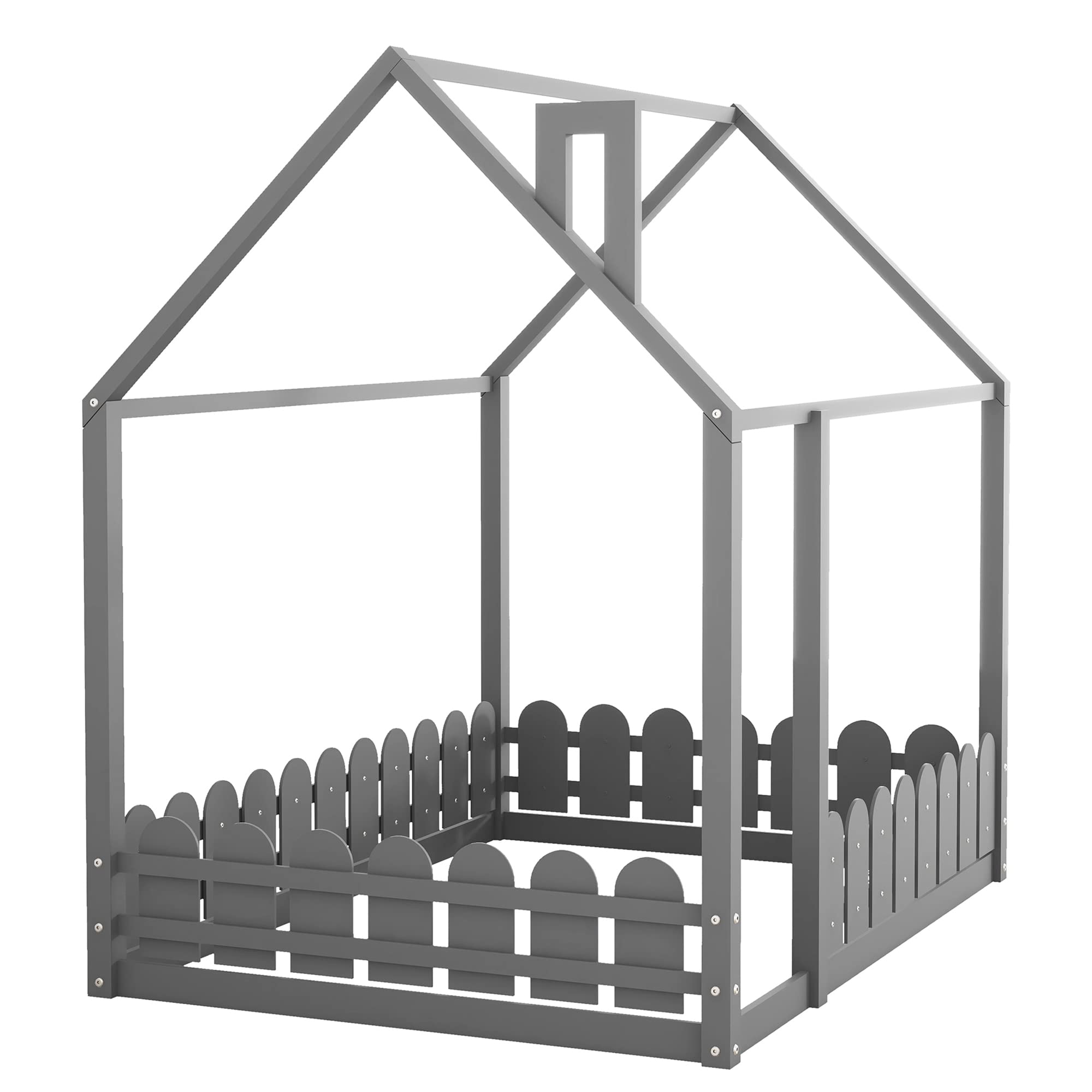 P PURLOVE Full Wood House Bed Frame with Fence-Style Guardrails for Kids & Teens - Gray (Slats Not Included) - Perfect for Nursery, Bedroom & Kids Room Decor