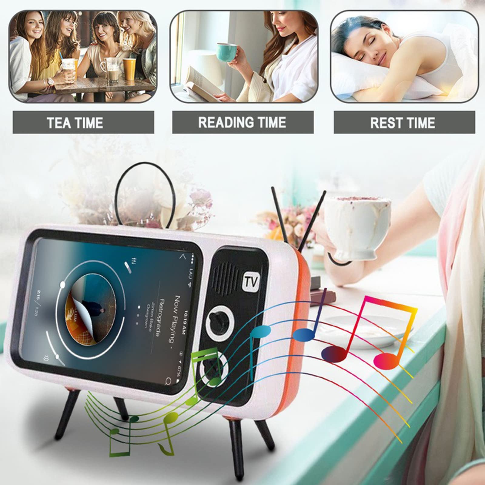 Vintage Retro TV Phone Stand with Wireless Bluetooth Speaker - Universal Holder for 4.7