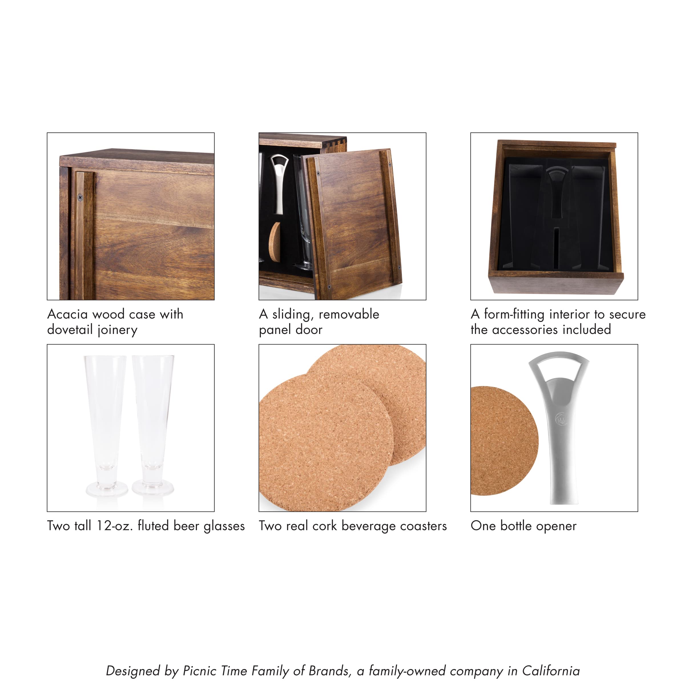 PICNIC TIME - Acacia Wood Pilsner Craft Beer Set with 2 Premium Beer Glasses - Perfect Gift for Beer Enthusiasts - Ideal for Outdoor BBQs, Parties & Home Bar Decor