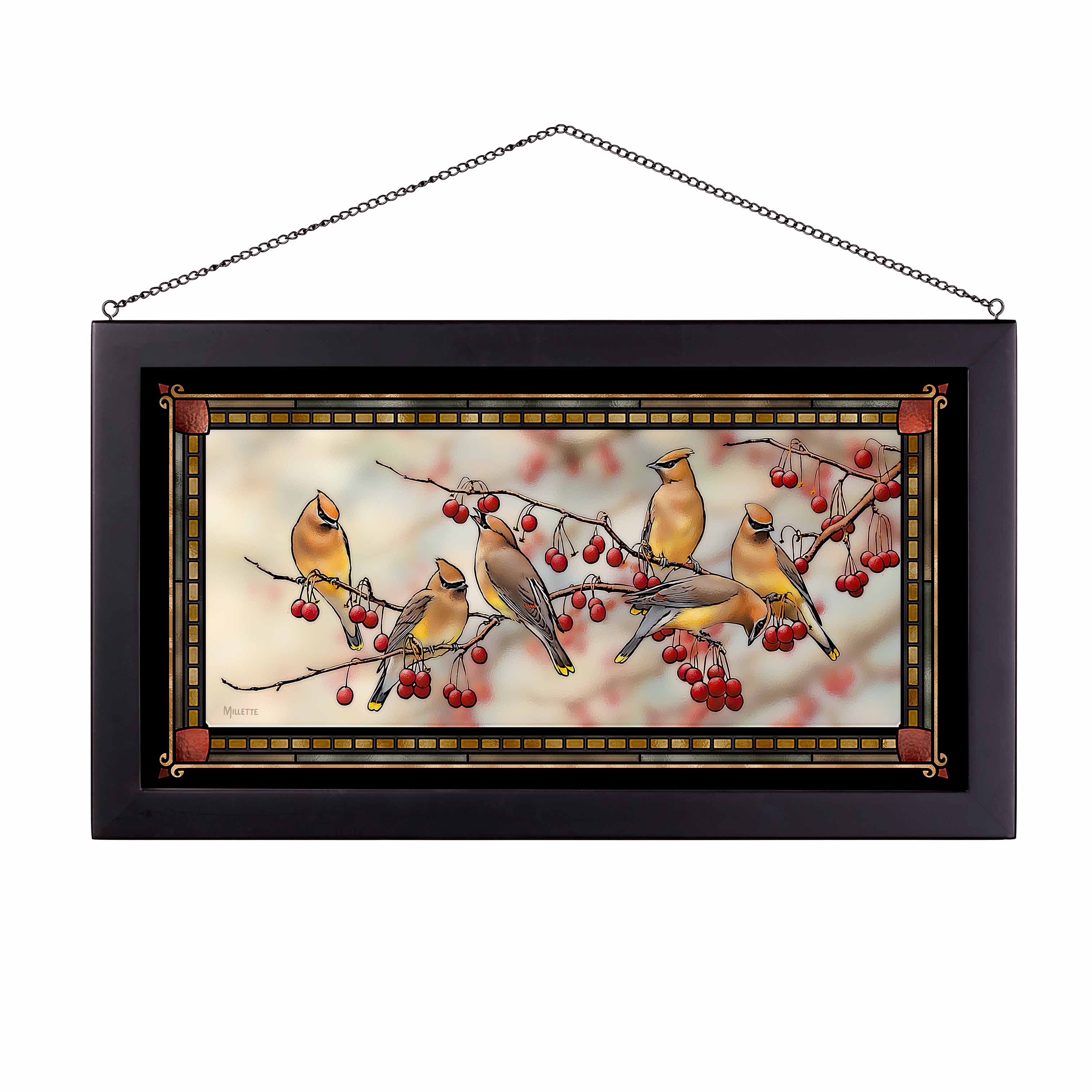 Handmade Stained Glass Art Panel - Crabapple Bandits & Cedar Waxwings (13x23 Inch) - Beautiful Window Decor for Home, Church, or Office