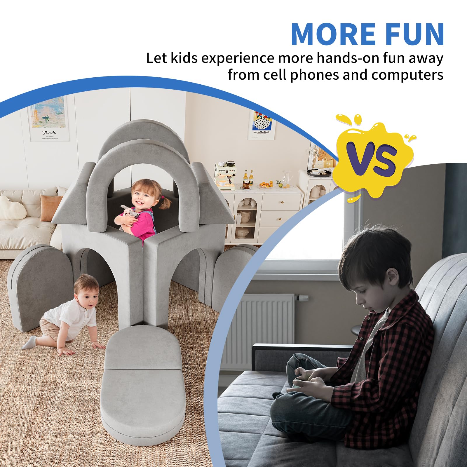 12PCS Modular Kids Play Couch with 2 Triangle Cushions & 4 Arches - Foldable Toddler Sofa for Playroom, Bedroom | Gray Children's Furniture for Boys & Girls | Perfect for Playtime, Reading Nook & Nap Space