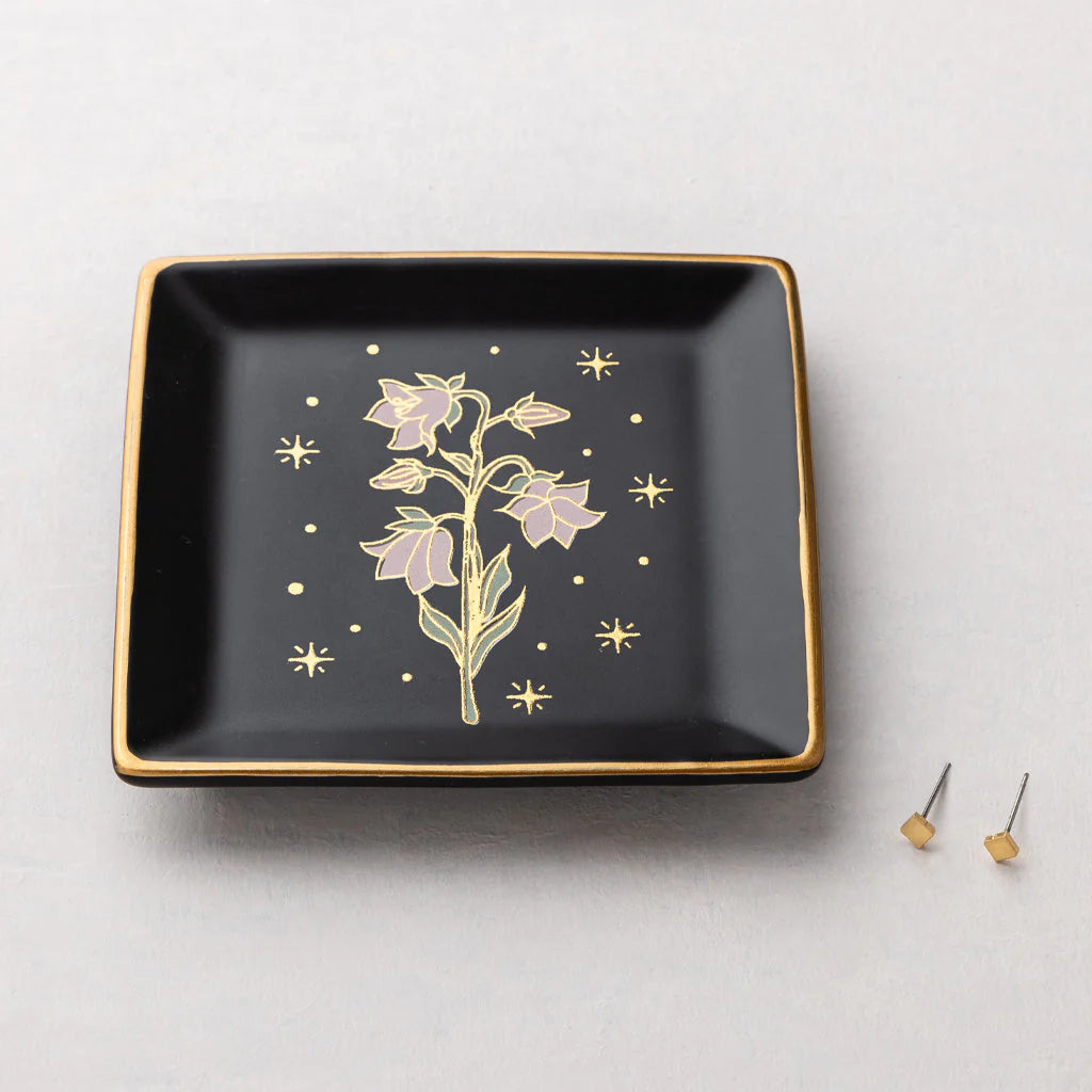 Elegant Black Flower Dish & Gold Earring Set - Perfect for Home Decor, Gift Giving & Jewelry Display