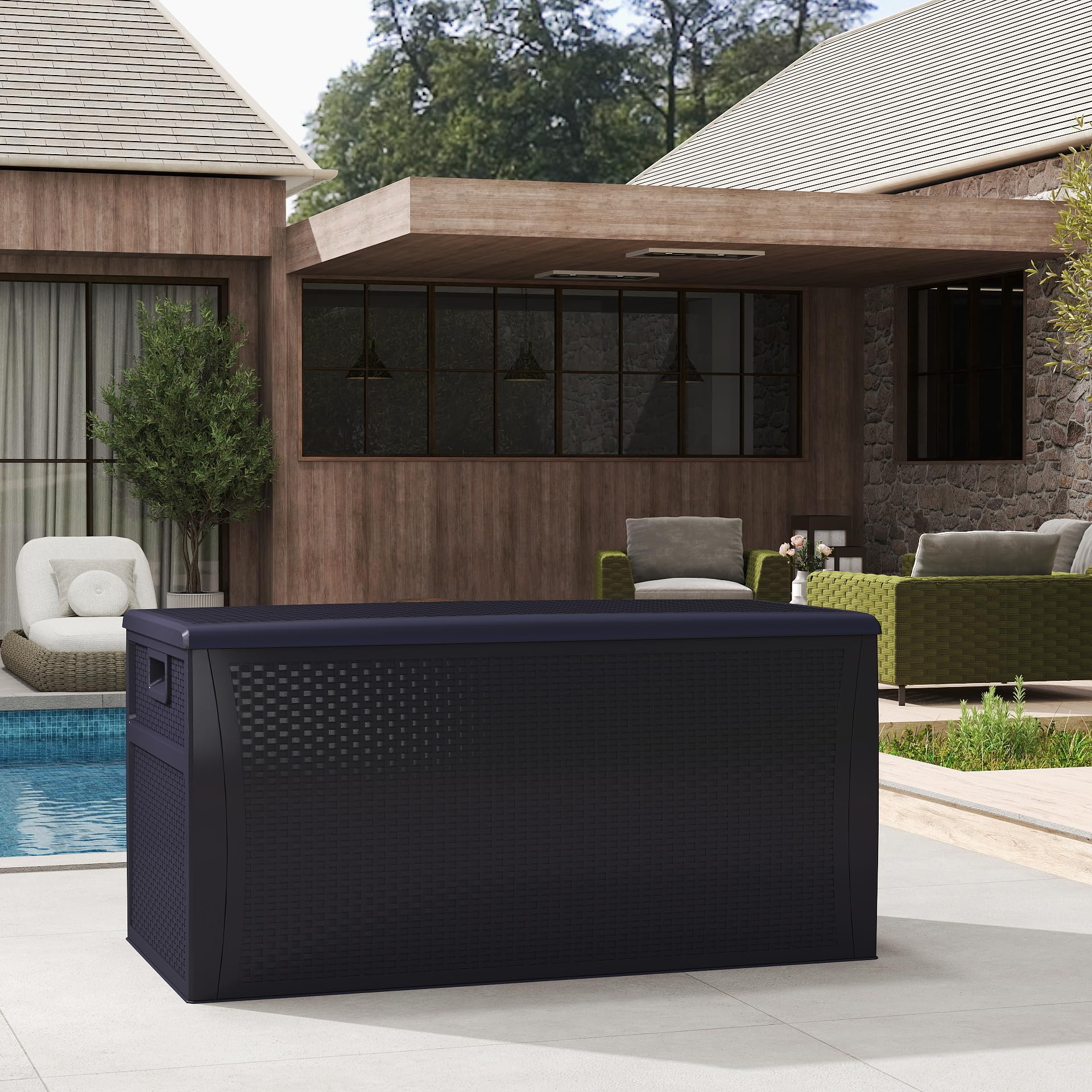 120 Gallon Resin Deck Box - Weatherproof Outdoor Storage Container for Patio, Garden, Pool & Yard - Lockable Waterproof Bin for Tools, Cushions, Toys & Accessories - Perfect for Organizing Outdoor Spaces - Black
