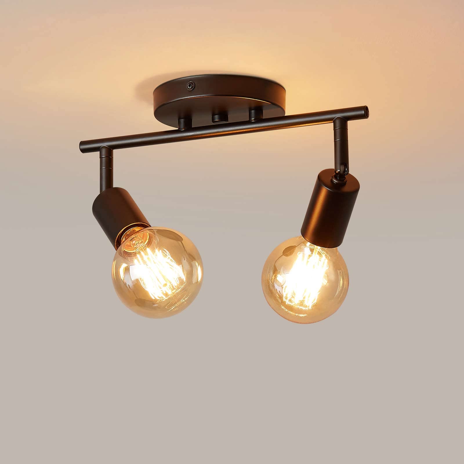 Lightsjoy Industrial Vintage Ceiling Spotlight - 2 Adjustable E27 Lamp Heads, 360° Rotatable Black Wall Light for Kitchen, Dining Room, Living Room, Bar & Restaurant | Perfect for Ambient Lighting and Task Illumination