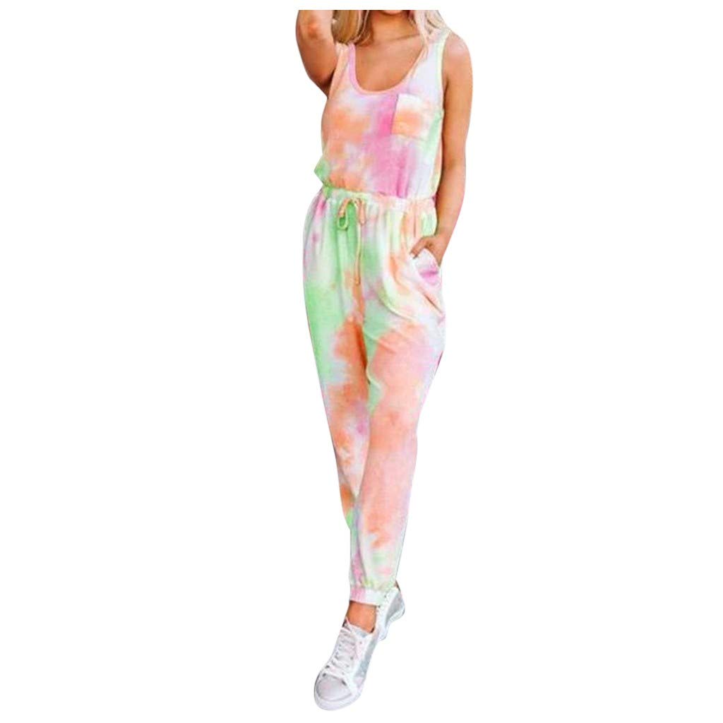 Women's Tie-Dye Sleeveless Jumpsuit Pajama Set - Loose Fit One Piece Sleepwear for Lounge & Vacation - Orange Romper for Summer Comfort & Relaxation