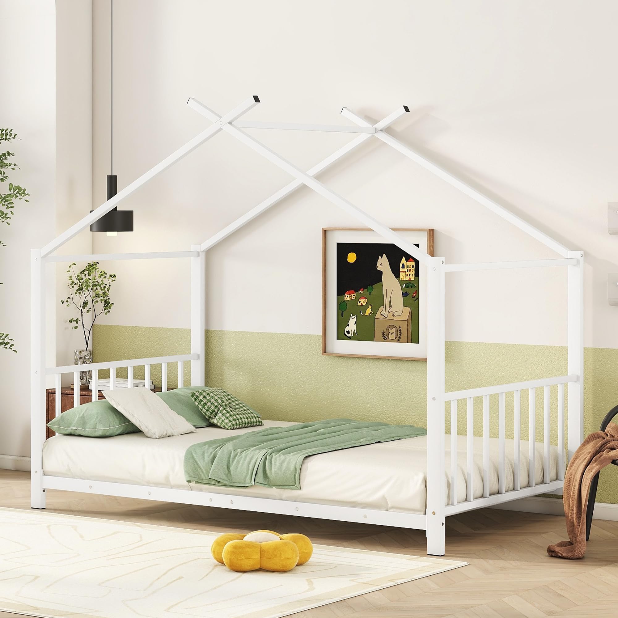 Montessori Twin Size Floor Bed for Kids - Sturdy Metal Frame with High Headboard & Roof - House Bed for Boys & Girls (White) - Perfect for Playrooms, Bedrooms & Montessori Learning Spaces