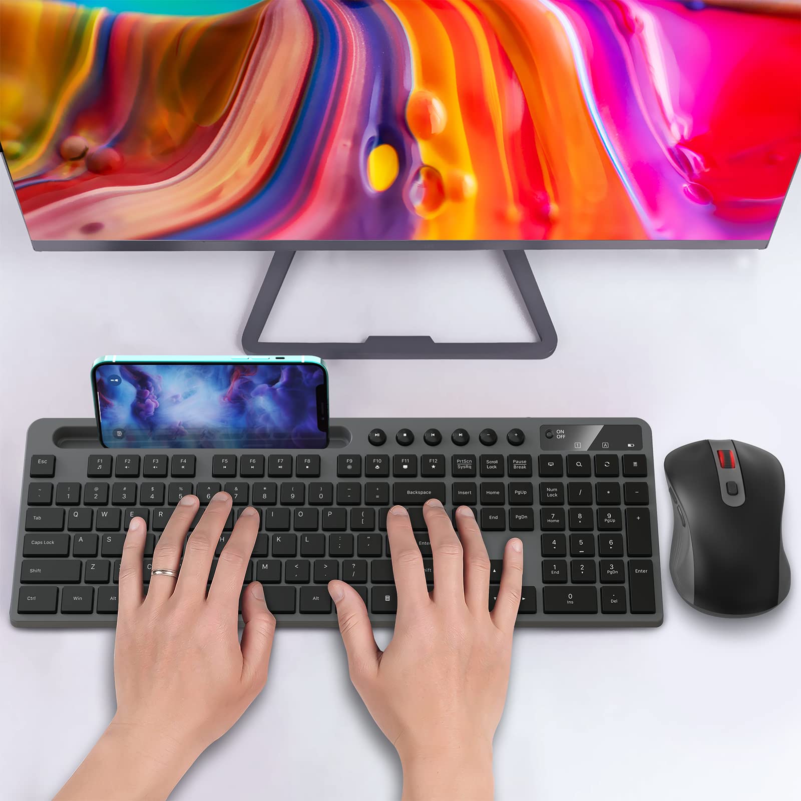 MARVO 2.4G Wireless Keyboard and Mouse Combo - Ergonomic Design with Silent 6-Button Mouse & Phone/Tablet Holder - Compatible with MacBook & Windows PC (Grey) - Perfect for Home Office, Gaming & Remote Work