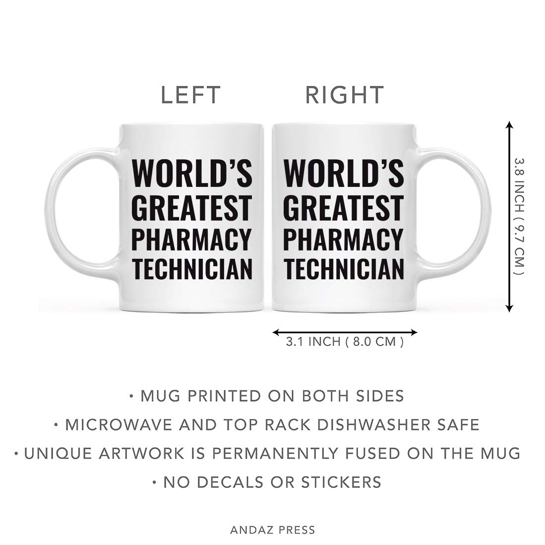 11oz Andaz Press Coffee Mug - World's Greatest Pharmacy Technician Gift for Men & Women - Ceramic Drinking Cup for Birthday, Christmas, Graduation - Perfect for Office, Home & Coffee Breaks