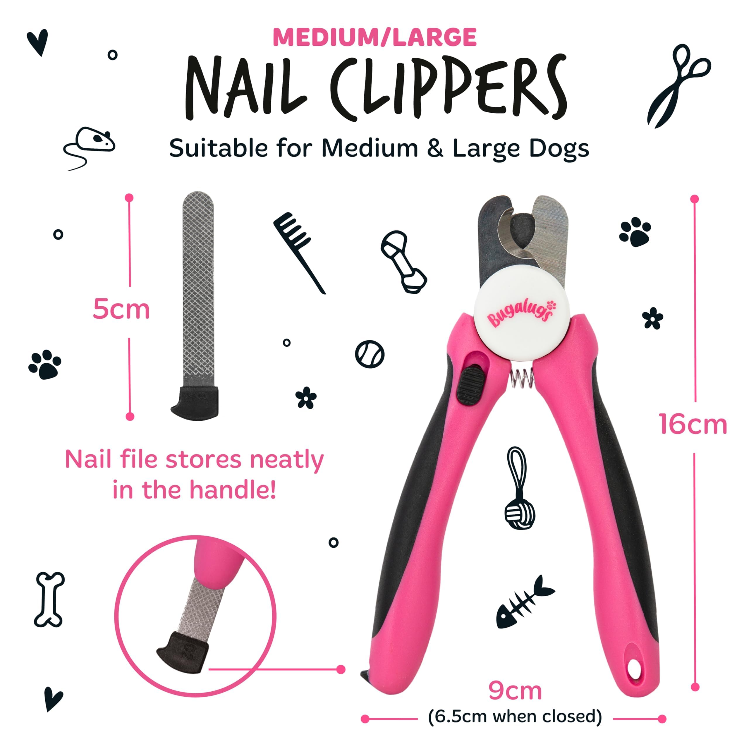 BUGALUGS Dog & Cat Nail Clippers with Safety Guard - Professional Pet Nail Trimmer & File for Dogs, Cats, Puppies & Kittens - Medium to Large Pet Grooming Supplies for Safe At-Home Nail Care