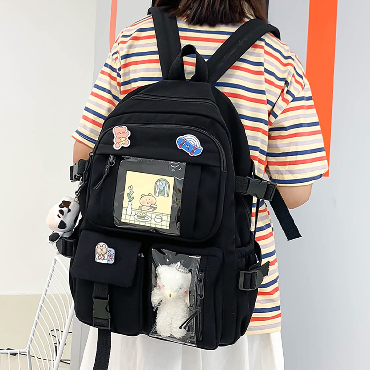 Cute Kawaii Aesthetic Backpack for Women - Lightweight Travel Backpack with Badge Pins & Keychain Pendant - Perfect for School, Work, Travel & Everyday Use