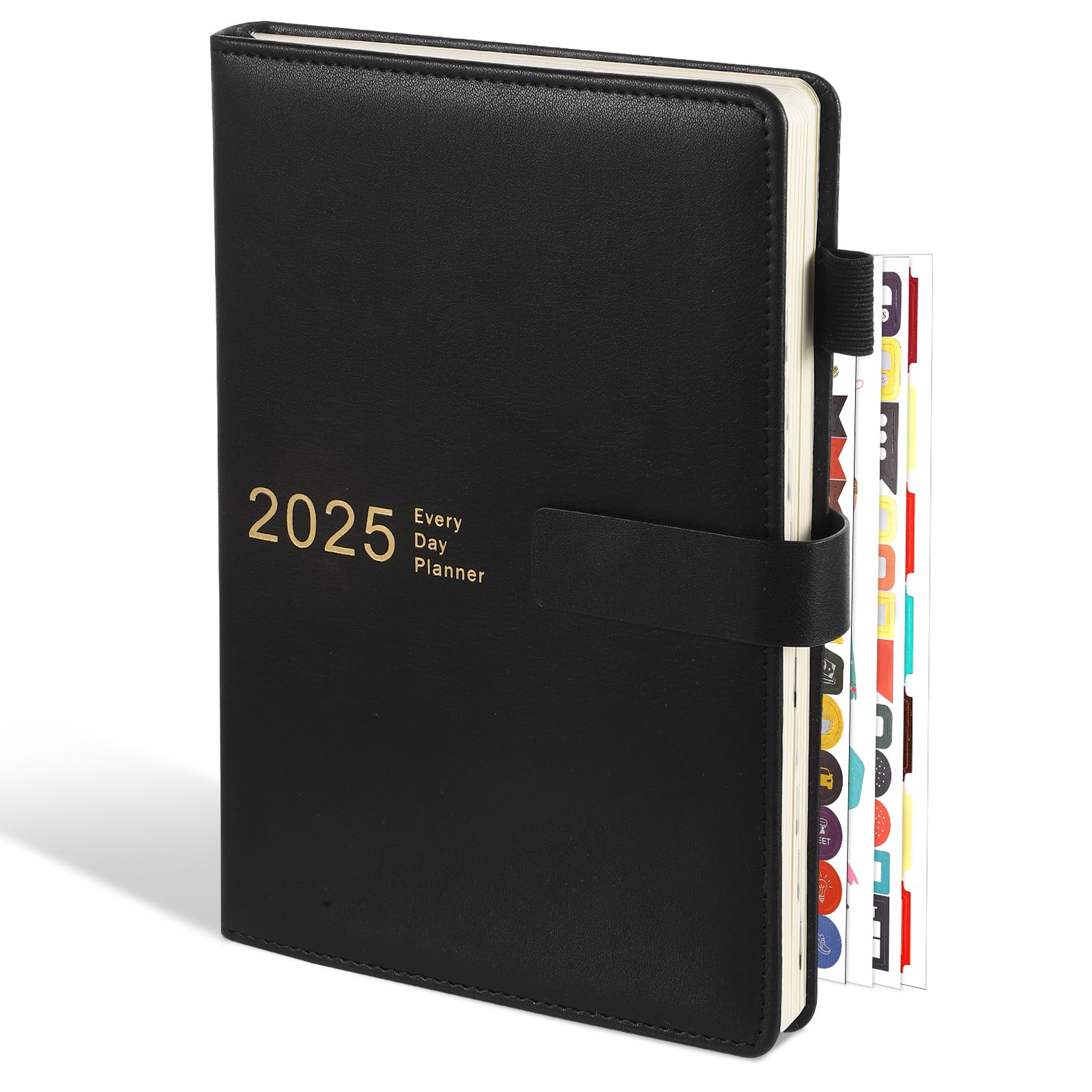 2025 Daily Planner A5 Size - Jan to Dec 2025 Academic Diary with Leather Cover & Stickers | 360 Pages 80GSM Paper | 21x14cm Black | Perfect for Students, Professionals & Gift Giving