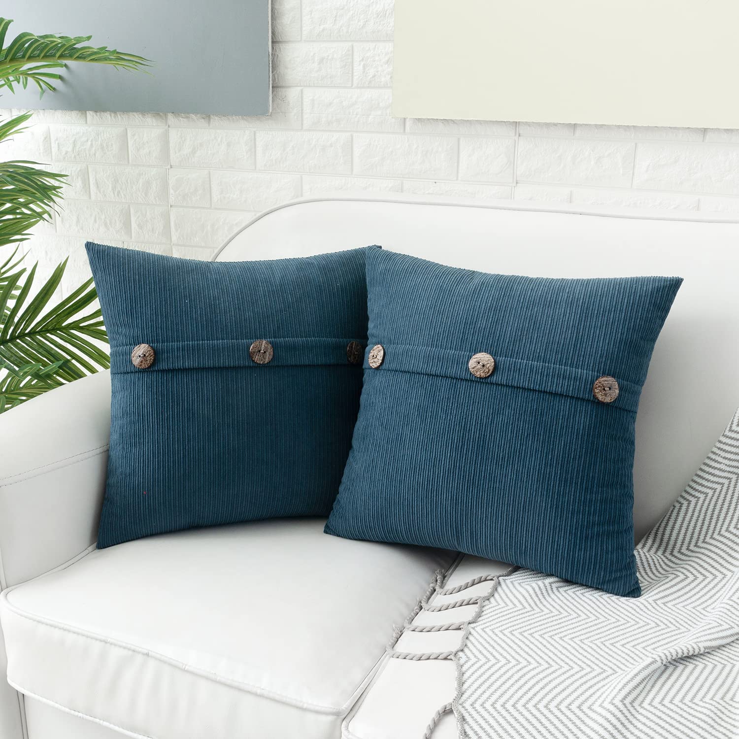HWY 50 Blue Decorative Throw Pillow Covers 18x18 Inch - Soft Chenille Couch Pillow Covers Set with Triple Buttons, Accent Cushion Cases for Sofa, Bed, Living Room & Bedroom (Pack of 2) - Perfect for Home Decor, Cozy Reading Nook & Guest Room Styling