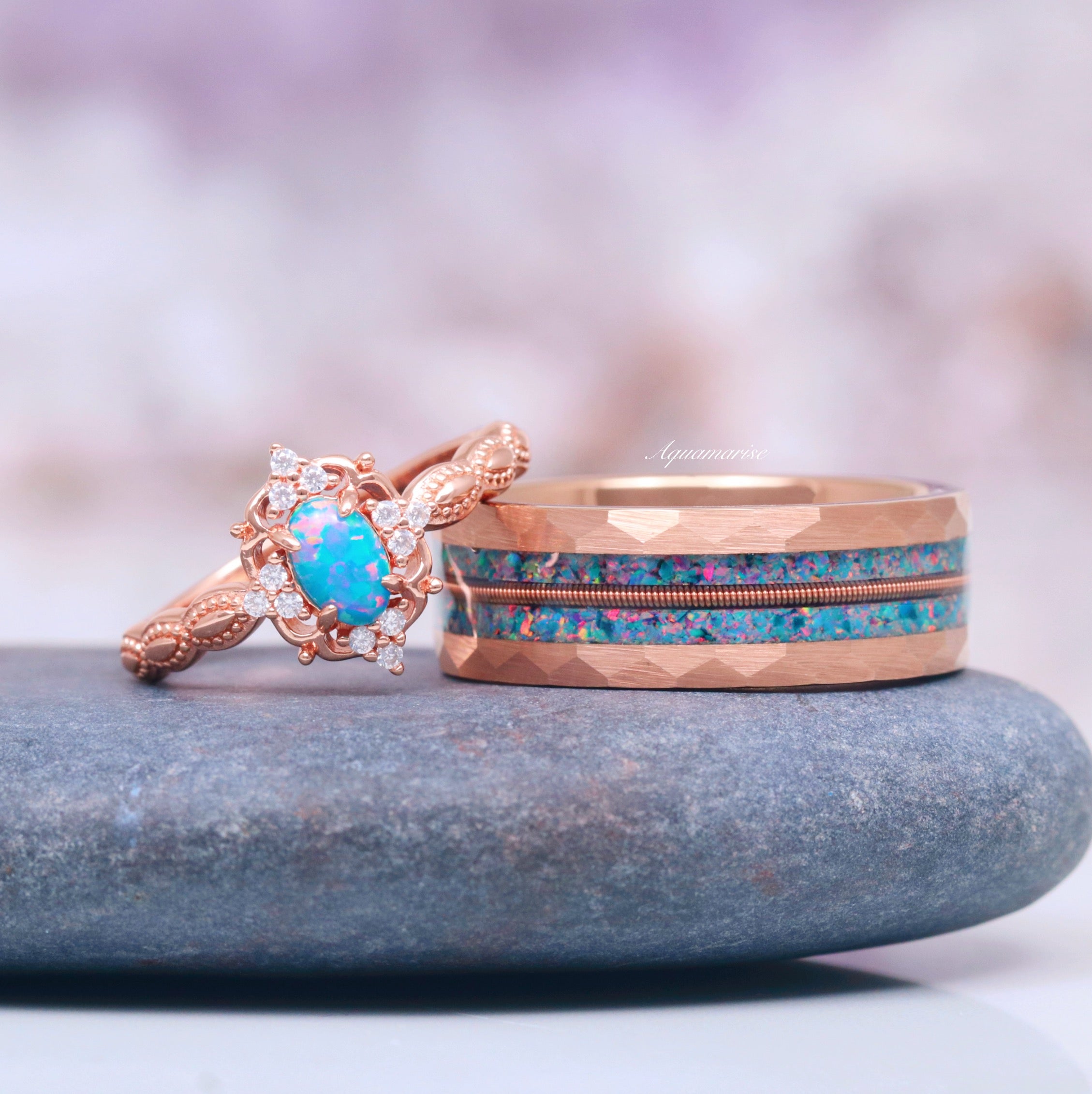 Blue Fire Opal & Guitar String Wedding Band - 8MM Rose Gold Tungsten Ring for Men & Women - Perfect for Engagement, Anniversary, and Unique Gift Giving