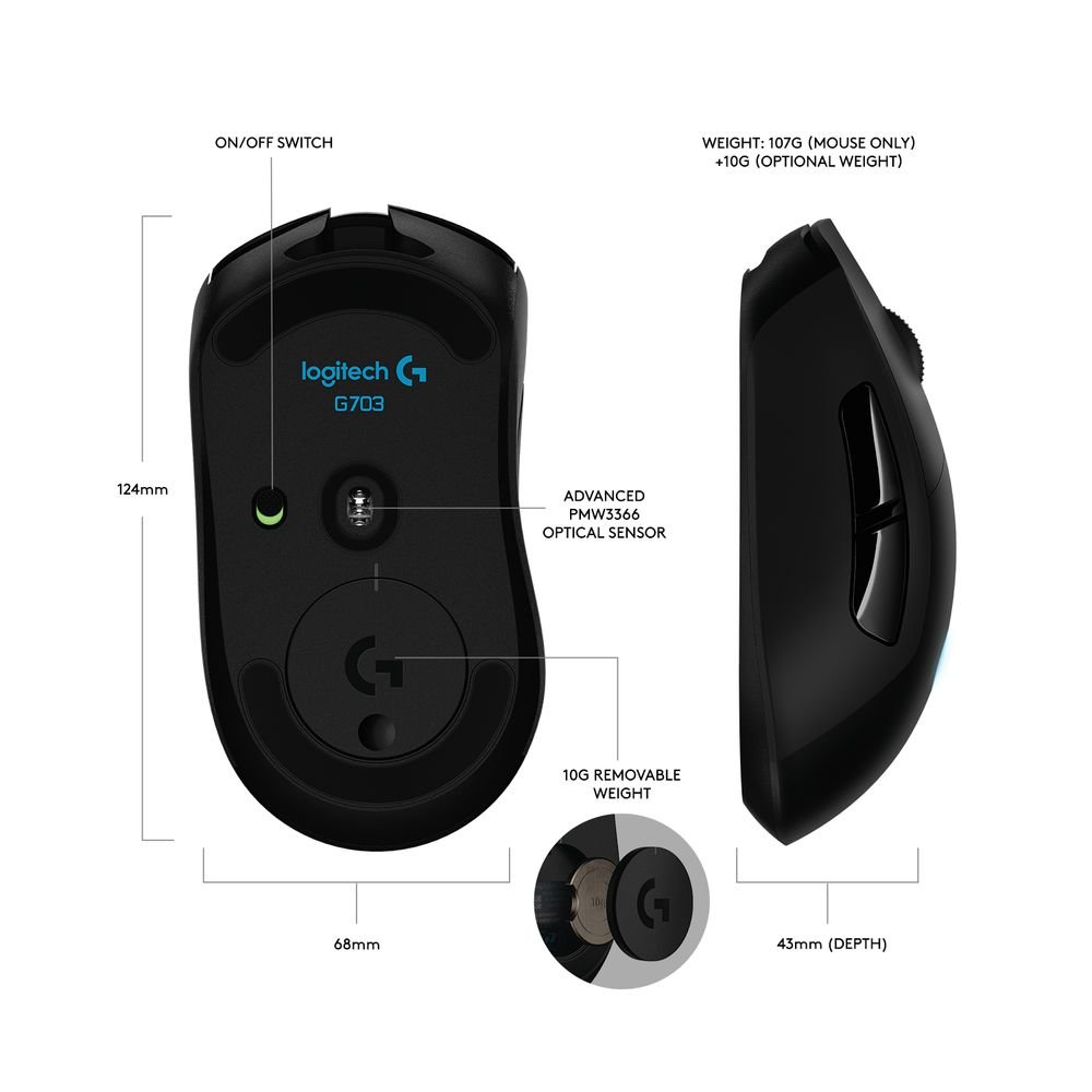 Logitech G703 Wireless Gaming Mouse - Lightspeed Technology, Powerplay Wireless Charging Compatible, German Package, Black - Perfect for PC & Console Gaming, Esports & Office Work