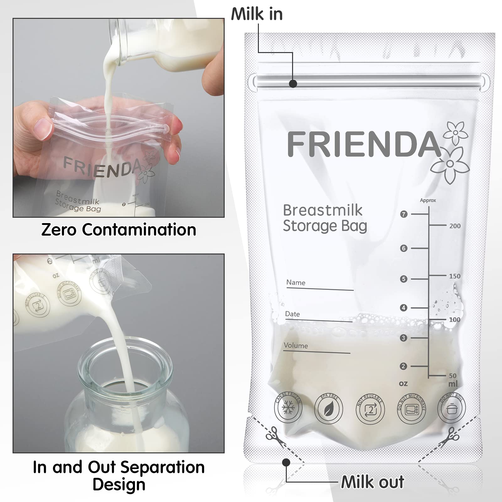 400 Count Breastmilk Storage Bags - 7 oz Leak Proof Double Seal Breast Milk Bags for Pumping & Freezing | Self Standing Design for Easy Storage | Perfect for Nursing Moms & Traveling