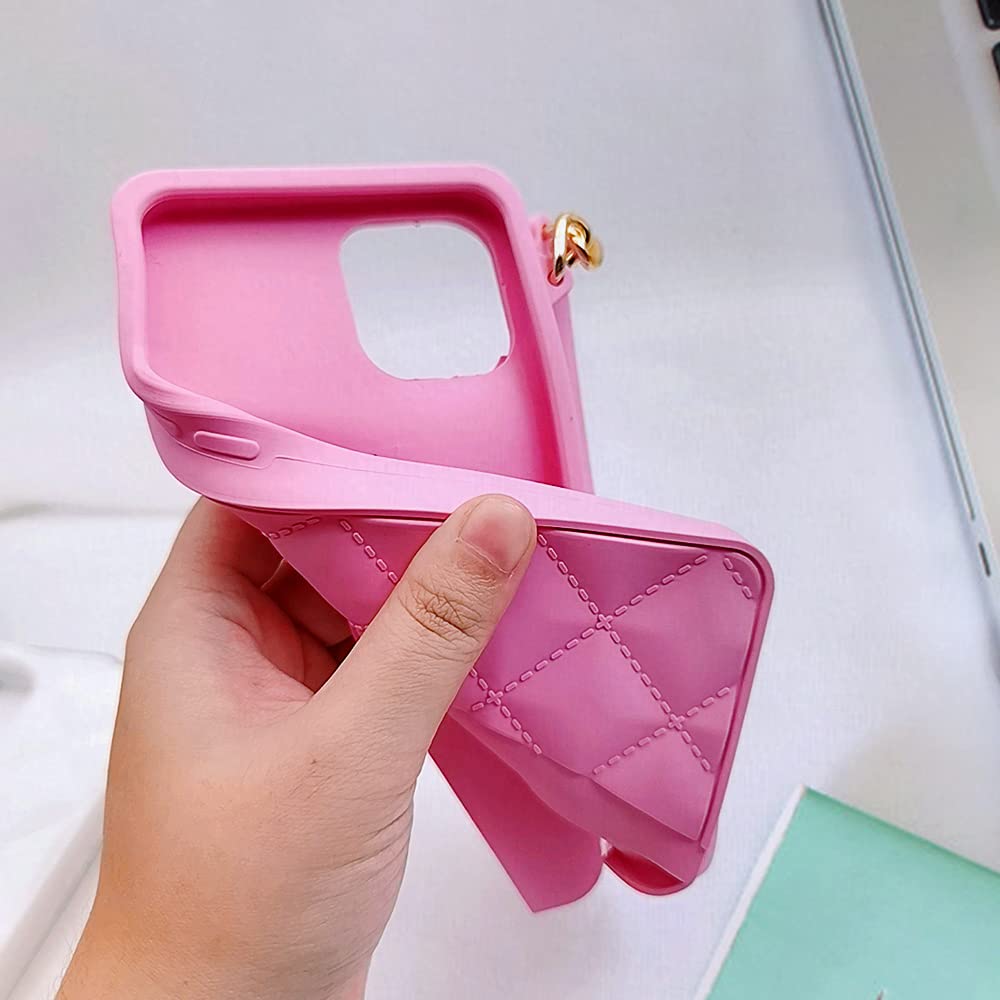 Luxury iPhone 13 Pro Max Wallet Case with Card Holder & Pearl Chain Strap - Soft Silicone Phone Cover with Wristlet & Crossbody Lanyard for Women (Pink) - Perfect for Everyday Use, Shopping & Travel Accessories