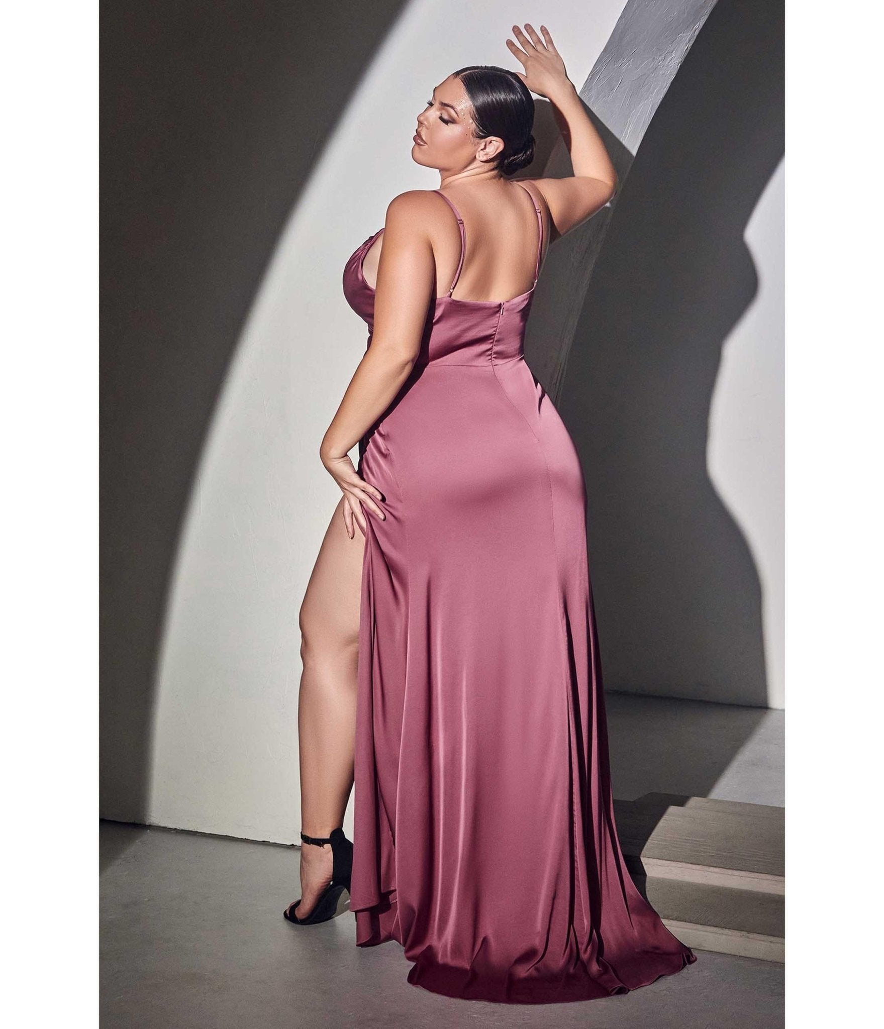 Ladivine by Cinderella Divine Plus Size Mauve Rose Ruched Satin Prom Dress for Women - Elegant Formal Gown for Homecoming, Evening Parties & Special Occasions