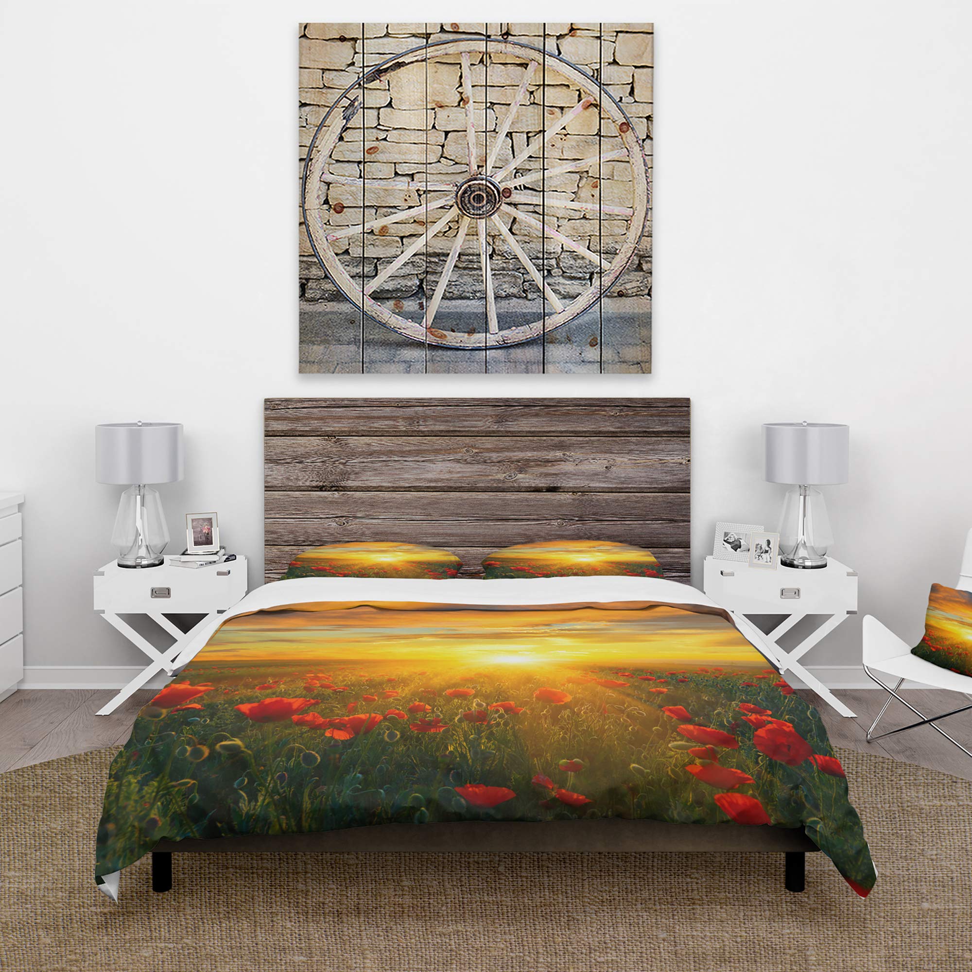 DesignQ Bright New Day Over Poppy Fields Nautical & Coastal Duvet Cover Set - King Size Red Floral Bedding 3-Piece Set | All Season Comfort for Coastal Themed Bedrooms & Guest Rooms