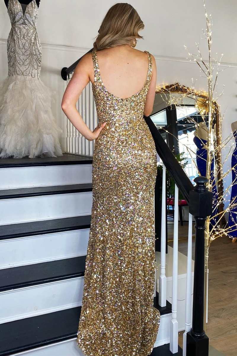Gold Sequin Square Neck Mermaid Prom Dress - Long Formal Backless Gown with High Slit for Homecoming, Evening Party & Special Occasions