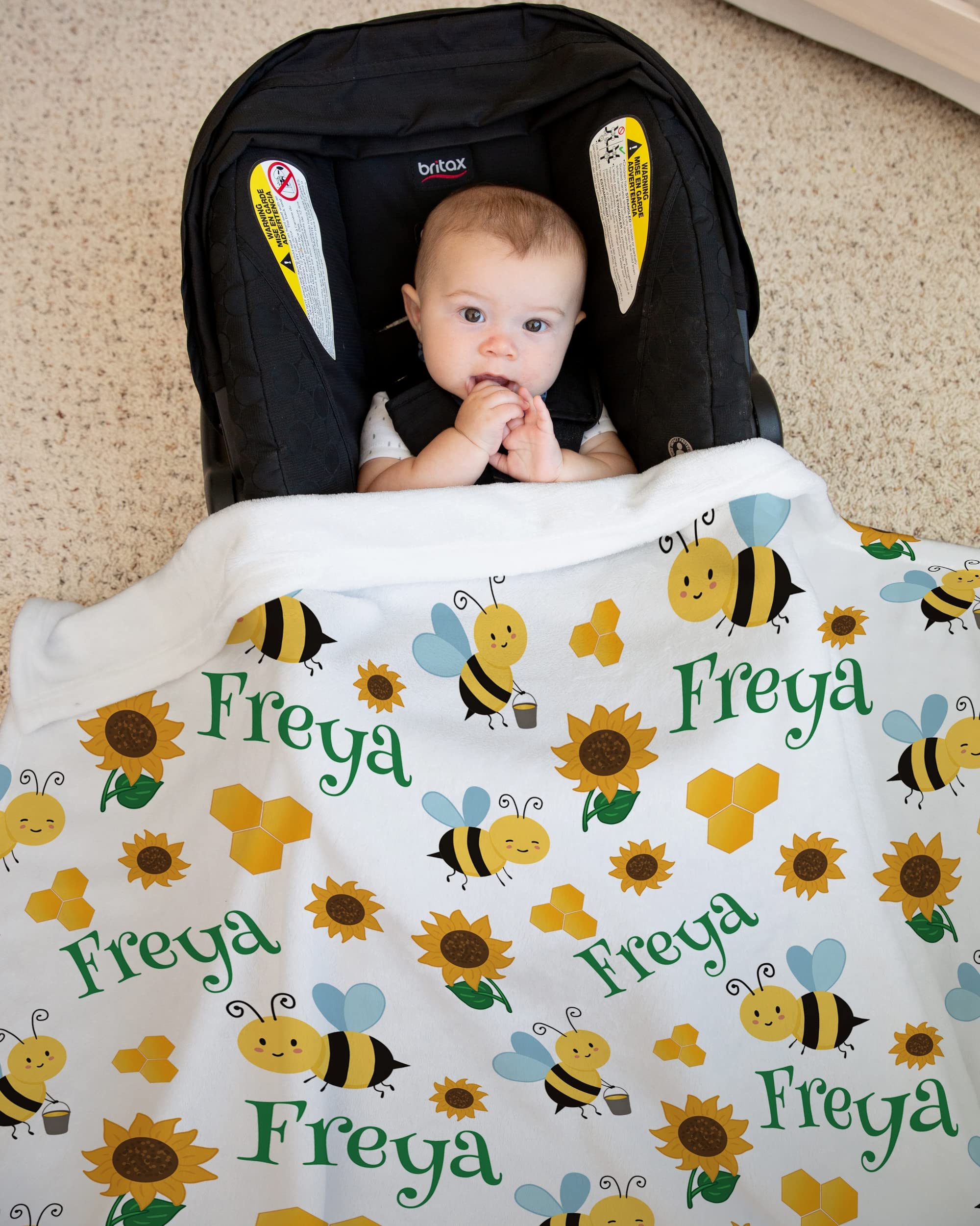 Personalized Baby Blankets for Boys & Girls - Custom Name Blankets with Bees Design - Perfect for Baby Shower, Birthday, Christmas Gifts - Newborn, Infant, Toddler & Kid Gift Idea - Great for Nursery, Travel & Snuggling
