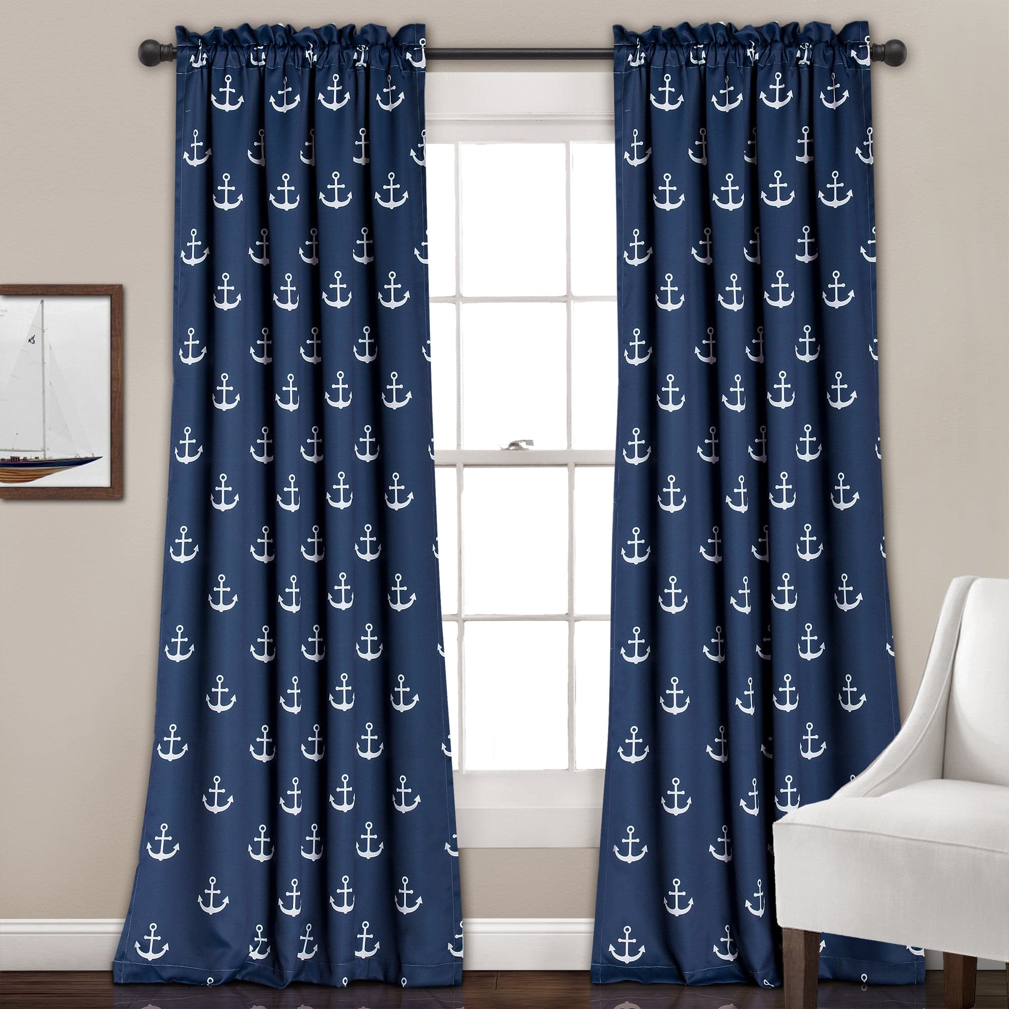 Anchor Light Filtering Window Curtain Set - Blackout Sheer Drapes for Living Room & Bedroom - Nautical Theme Coastal Home Decor