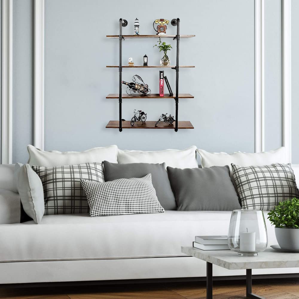 Industrial Pipe Shelving Wall Mounted - 36.2 Inch 4 Tier Floating Shelf Unit, Heavy Duty Metal Bookshelf for Bedroom, Kitchen, Office Storage | Space-Saving Wall Shelves for Home Organization & Decoration