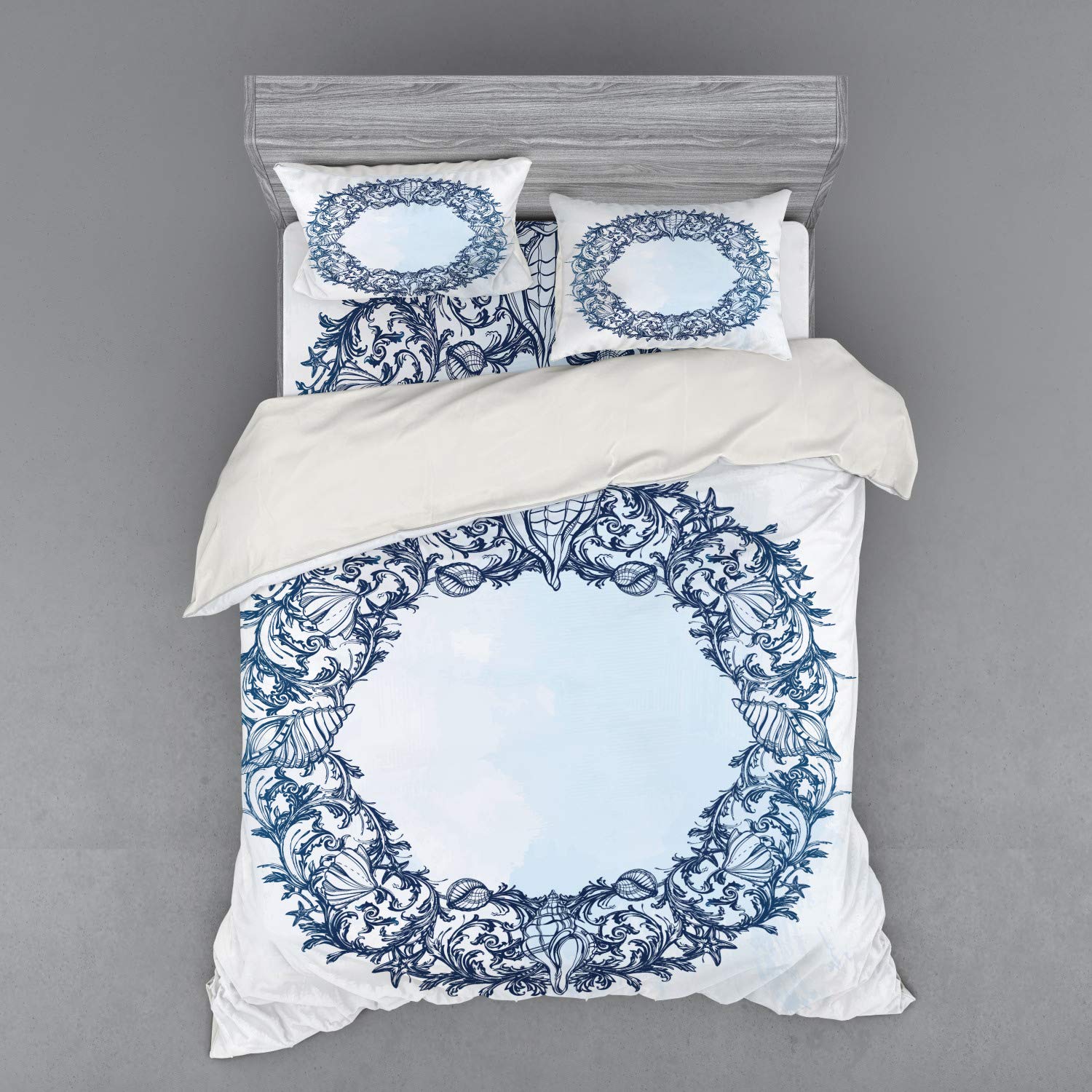 Ambesonne Seashells Duvet Cover Set - Nautical Ocean Theme with Floral Wreath Design, 3-Piece Queen Size Bedding Set (Duvet Cover + 2 Pillow Shams) in Blue - Perfect for Beach House Decor, Coastal Bedroom & Summer Home Styling