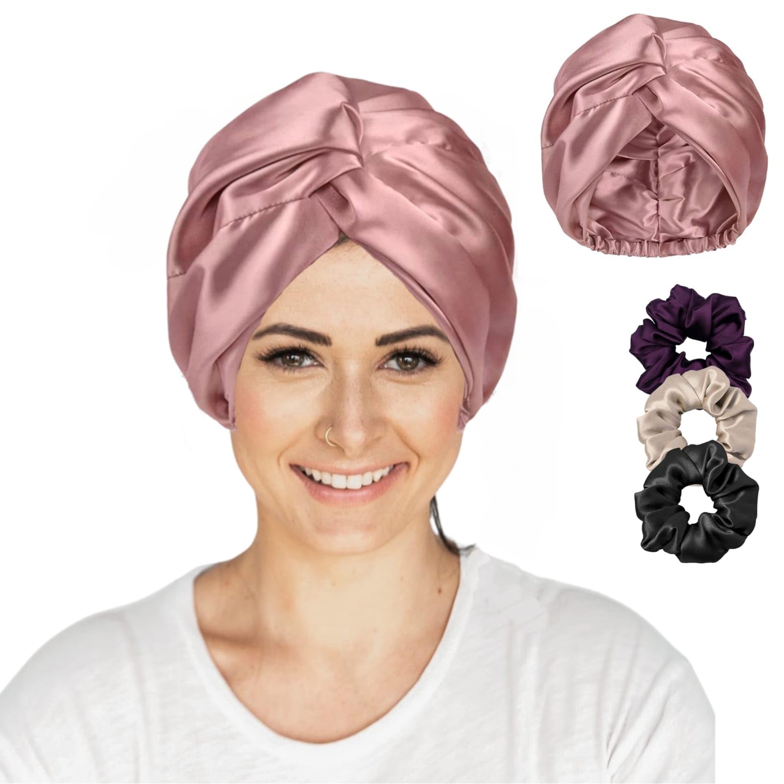 Atrube Reversible Silk Satin Sleep Bonnet for Women - Adjustable Tie Band Head Wrap Cover with Scrunchies | Blush Multicolor Hair Protection for Night & Travel