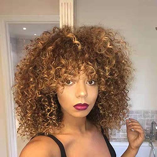 Short Kinky Curly Ombre Afro Wigs for Black Women - Synthetic Hair Wig with Wig Cap in Blonde & Brown Shades | Perfect for Cosplay, Halloween, and Daily Protective Styling