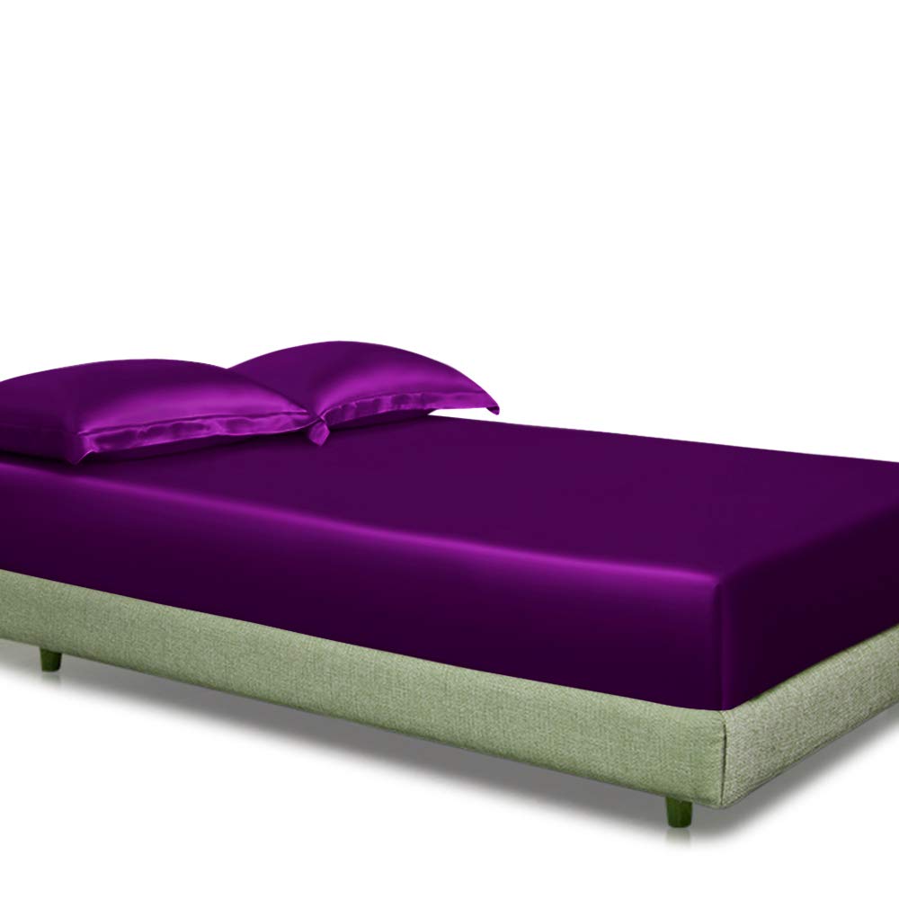 Premium Full Size Satin Duvet Cover Set with Zipper - 4 Piece Bedding Set (Duvet Cover + Fitted Sheet + 2 Pillowcases) - Soft Eggplant Purple for Hair & Skin Care - Perfect for Master Bedroom, Guest Room & Dorm Decor