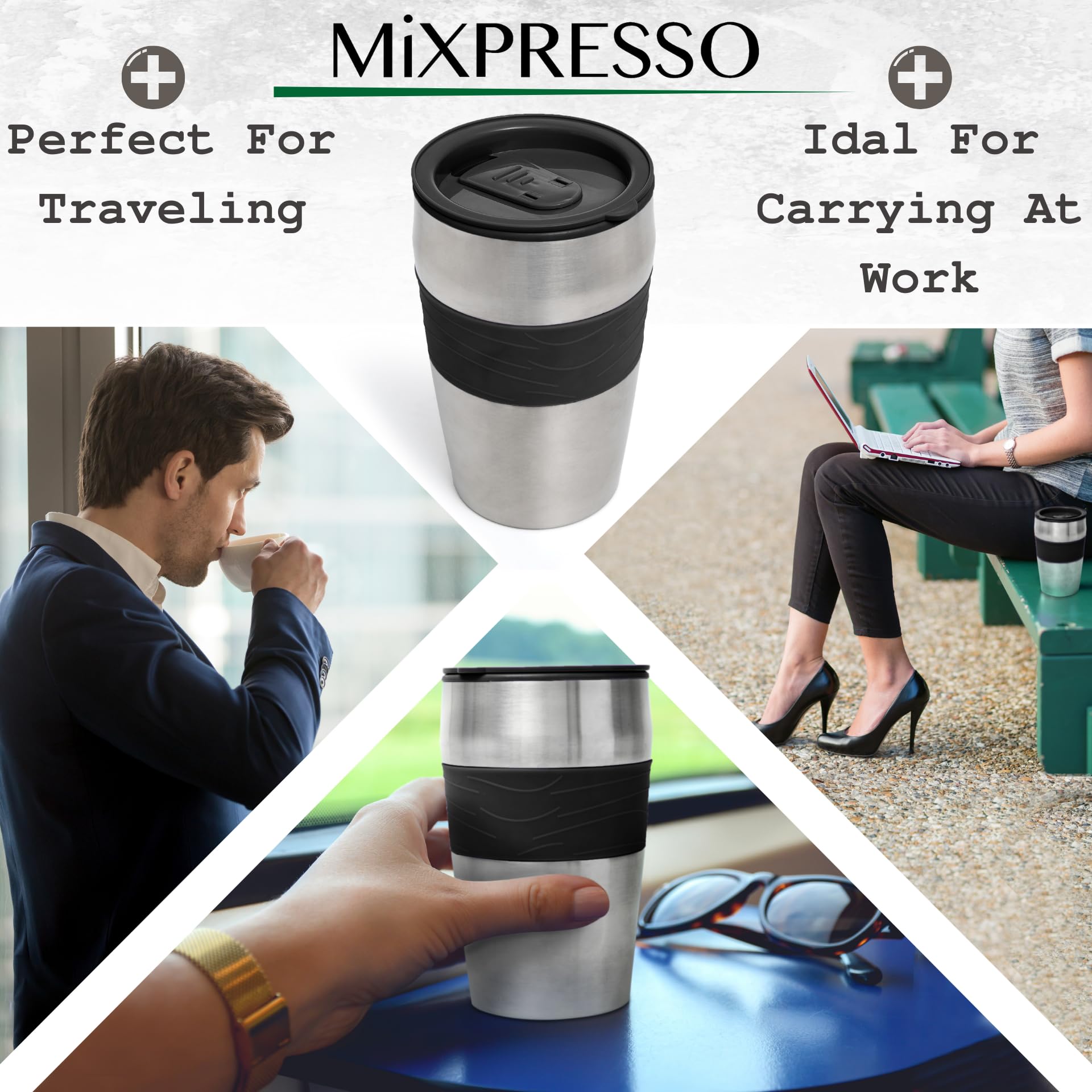 Mixpresso Personal Single Serve Coffee Maker with 14oz Travel Mug - Compact Drip Coffee Machine & Insulated Tumbler - Auto Shut Off & Reusable Filter - Works with Coffee Grounds - Perfect for Home, Office & Travel Use