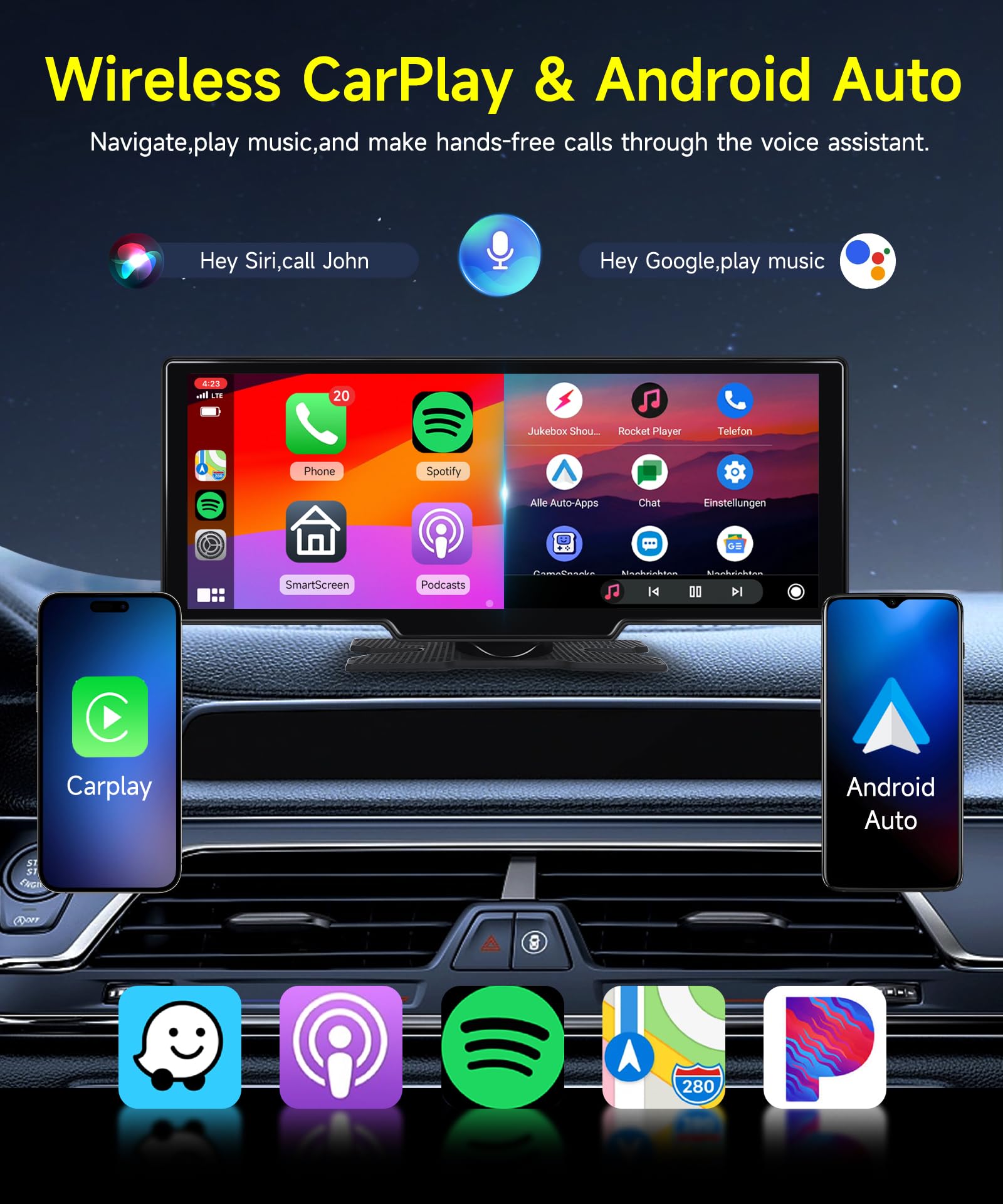 9.3 Inch Wireless CarPlay & Android Auto Touchscreen Car Stereo with 2.5K Front/Rear Dash Cam, 64GB TF Card, Dual Bluetooth, GPS, AUX & FM Transmitter - Portable IPS Display for Safer Driving & Hands-Free Navigation