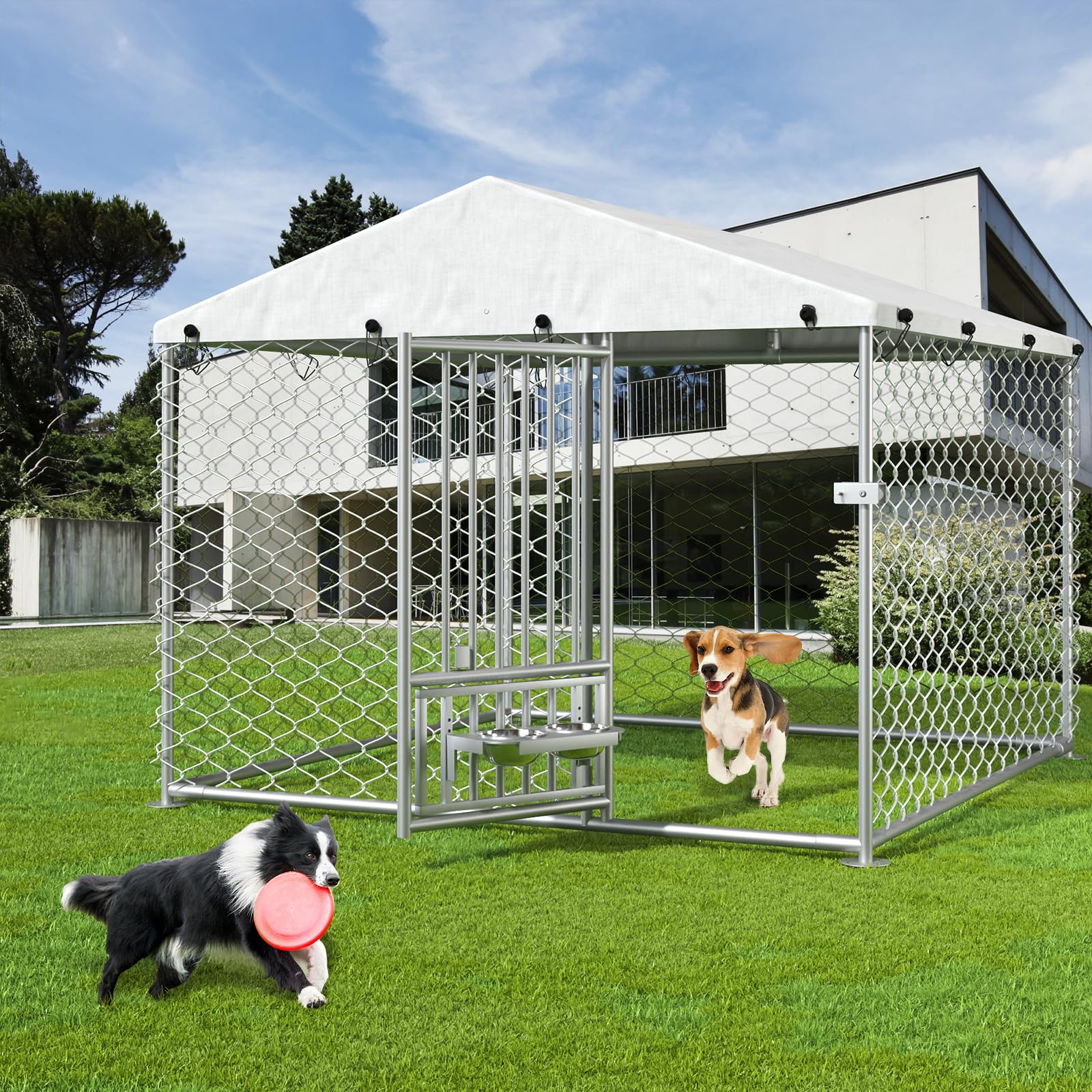 Heavy Duty 6.7x6.7x5 FT Outdoor Dog Kennel with Roof & Rotating Bowls - Durable Shelter for Small & Medium Dogs - Perfect for Backyard, Patio or Camping Use