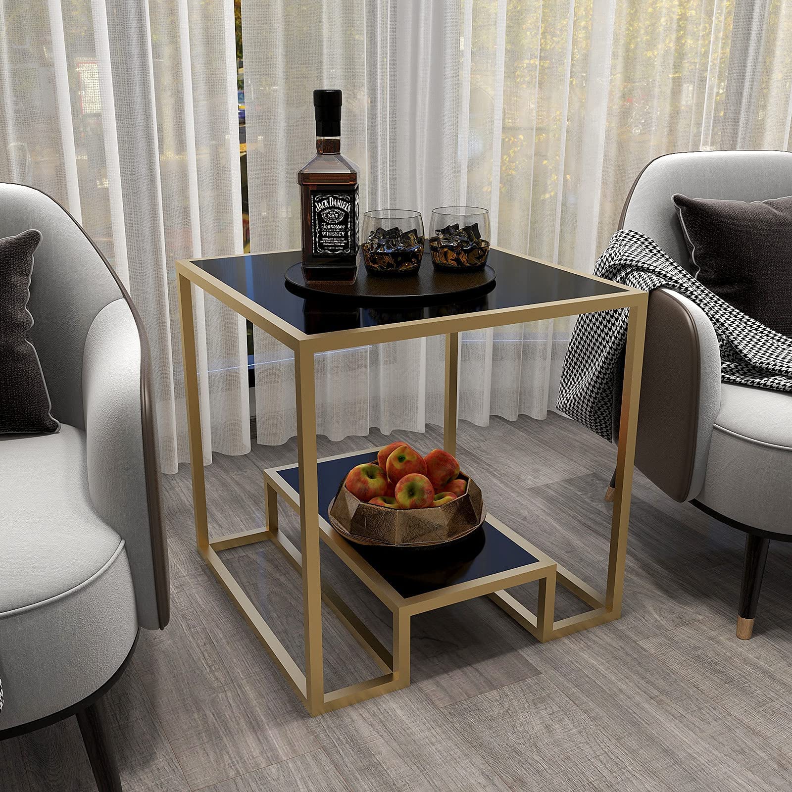 Modern Glass End Table 21 Inch Square - Small Accent Table Nightstand with Glass Top & Metal Frame Storage Shelf - Black Coffee Table for Living Room, Bedroom, Balcony, Porch - Perfect for Small Spaces & Home Decor