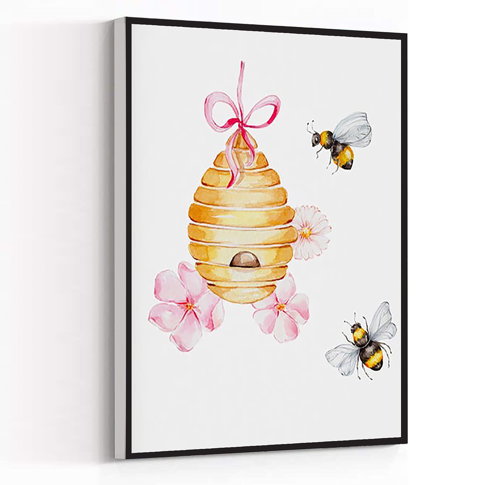 Gaming Wall Art - Pink Beehive Flowers & Bees Framed Canvas Poster 8x12 Inch - Modern Home Decor for Kitchen, Garden & Country Style Living Room