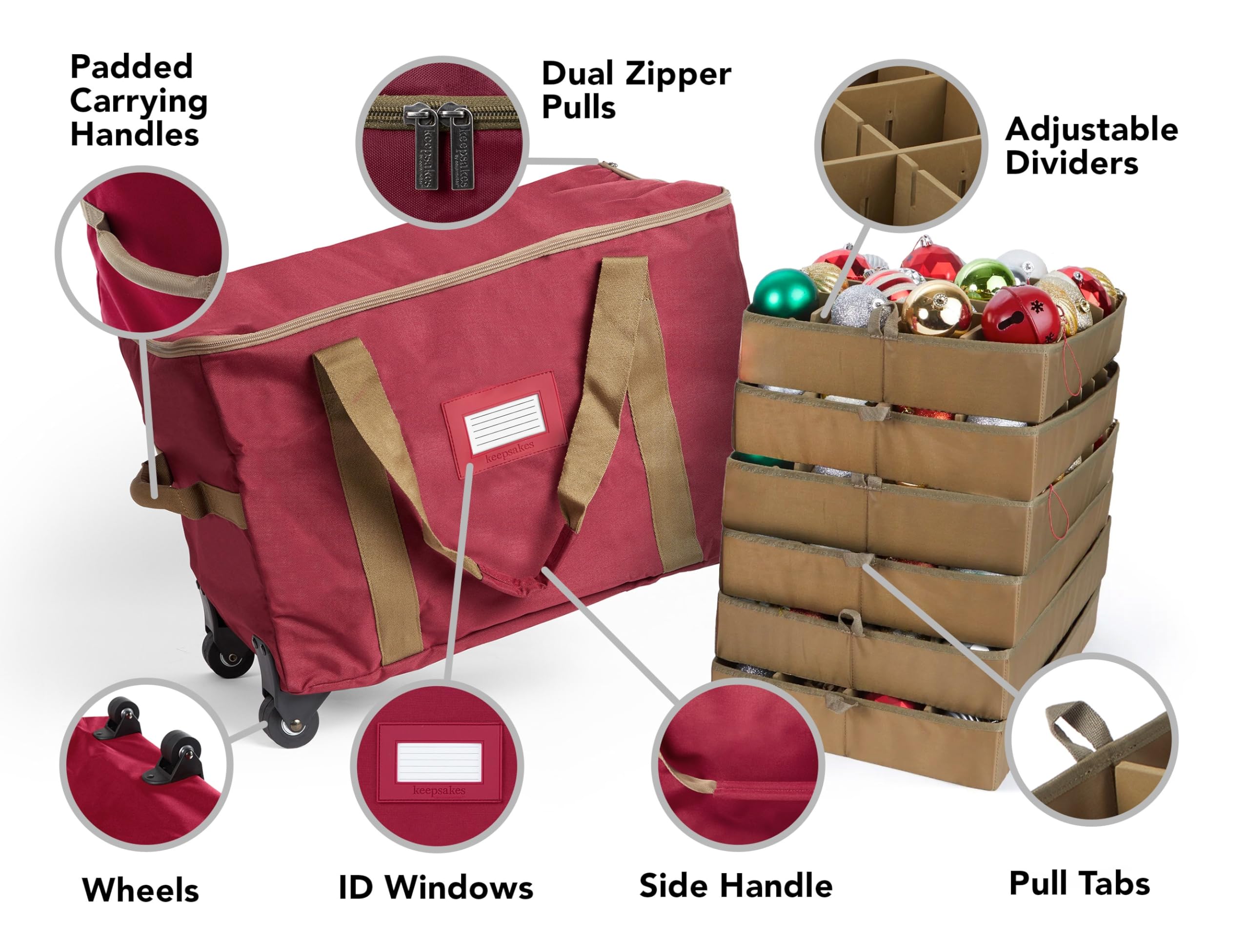 Covermates Keepsakes Rolling Adjustable Ornament Storage Bag with Carrying Handles - Padded Protection & Dual Wheels for Holiday Decorations (Red) - Perfect for Christmas Tree Ornaments, Holiday Decor Storage & Seasonal Organization