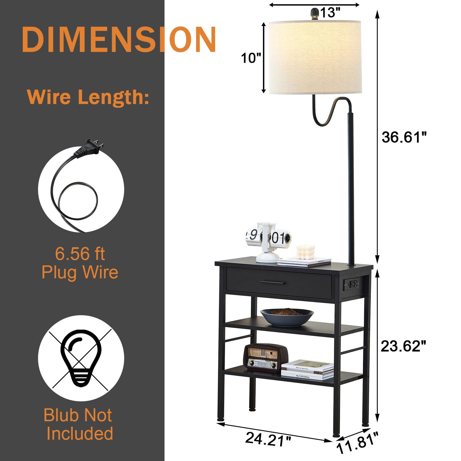Topotdor Rustic Wooden Floor Lamp with Side Table - USB Port & Outlets, Adjustable Shelves for Bedroom, Living Room & Home Office - Black - Perfect for Reading, Working & Nightstand Lighting