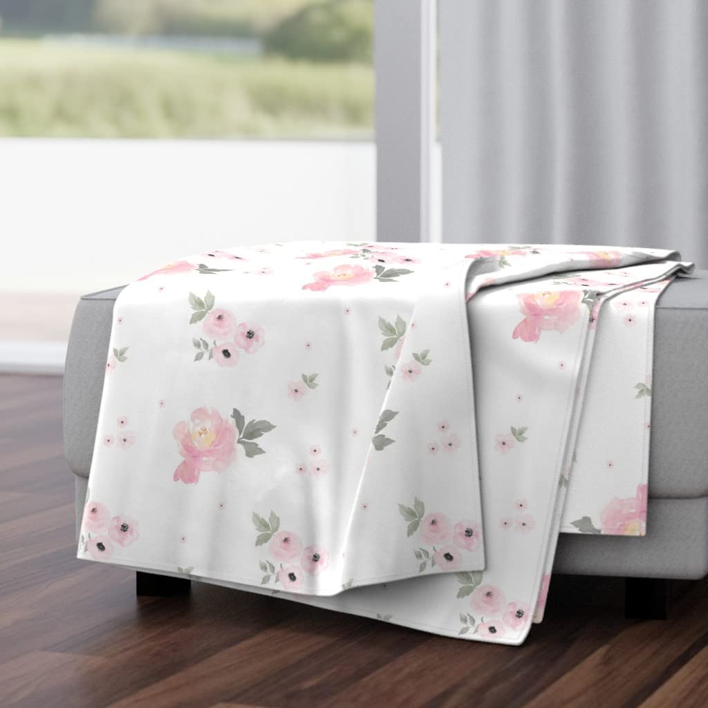 Soft Plush Minky Throw Blanket 50x70 Inches - Sweet Blush Roses Watercolor Floral Design for Baby Girls, Boho Chic Nursery Decor | Cozy Blanket for Couch, Bed, Travel & Gift