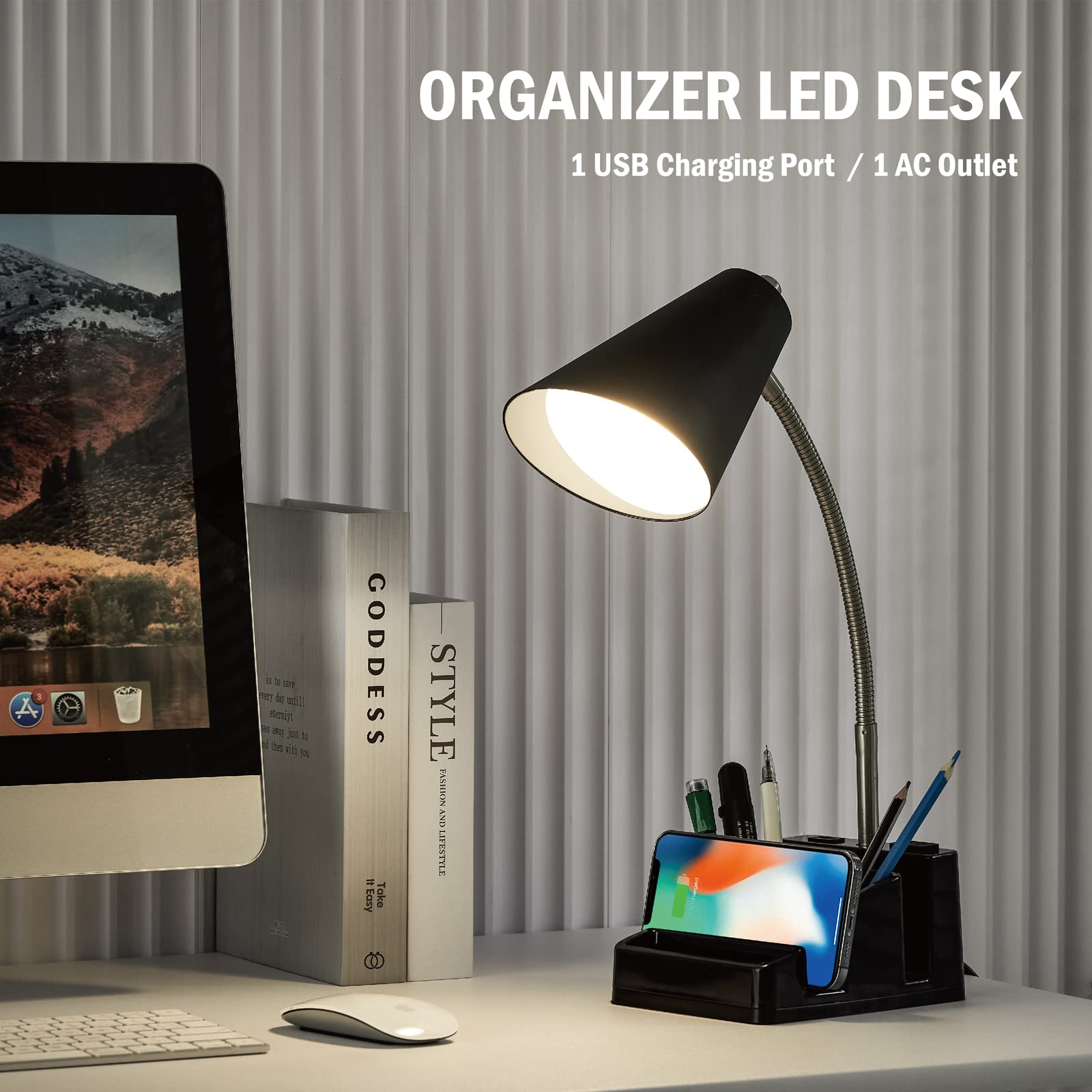 LED Desk Lamp with USB Charging Port & AC Outlet - Adjustable Modern Office Lamp with Organizer Base, Eye-Caring Warm White Light for Reading, Working, Studying - Perfect for Home Office, Dorm Room & Nightstand Use