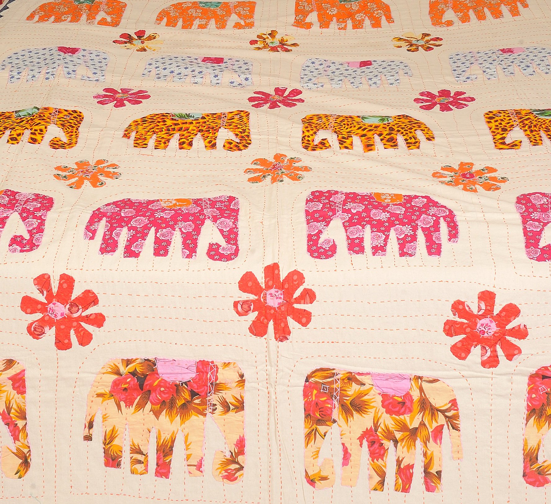 Handmade Jodhpur Bedcover with Applique Elephants & Kantha Stitch Embroidery - 100% Pure Cotton Cream Bedspread - Perfect for Bohemian & Ethnic Home Decor