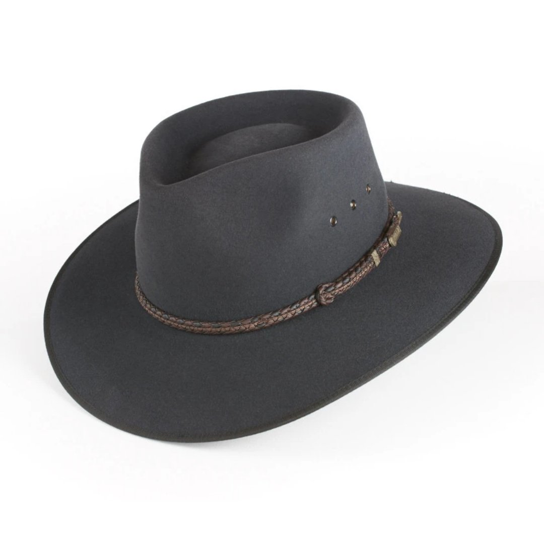 AKUBRA Cattleman Hat - Graphite Grey Felt Outback Hat for Men | Wide Brim Sun Protection | Durable & Stylish for Outdoor, Hiking, and Ranch Work