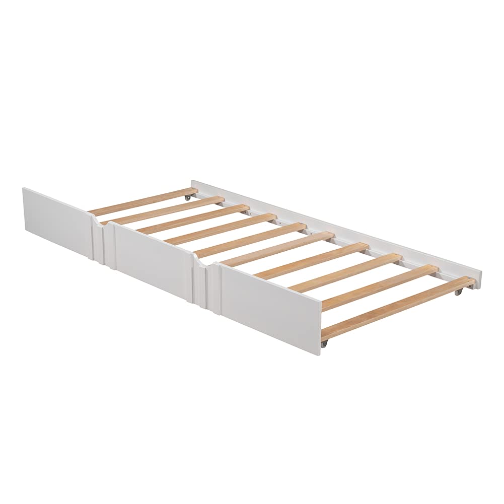 Kids Daybed Sofa Bed with Pull-Out Trundle - White Pinewood Bed Frame with Guardrails & Wood Slats - Space-Saving Furniture for Small Rooms, Guest Bed or Kids Bedroom - Full Size Convertible Sleeper with Wheels