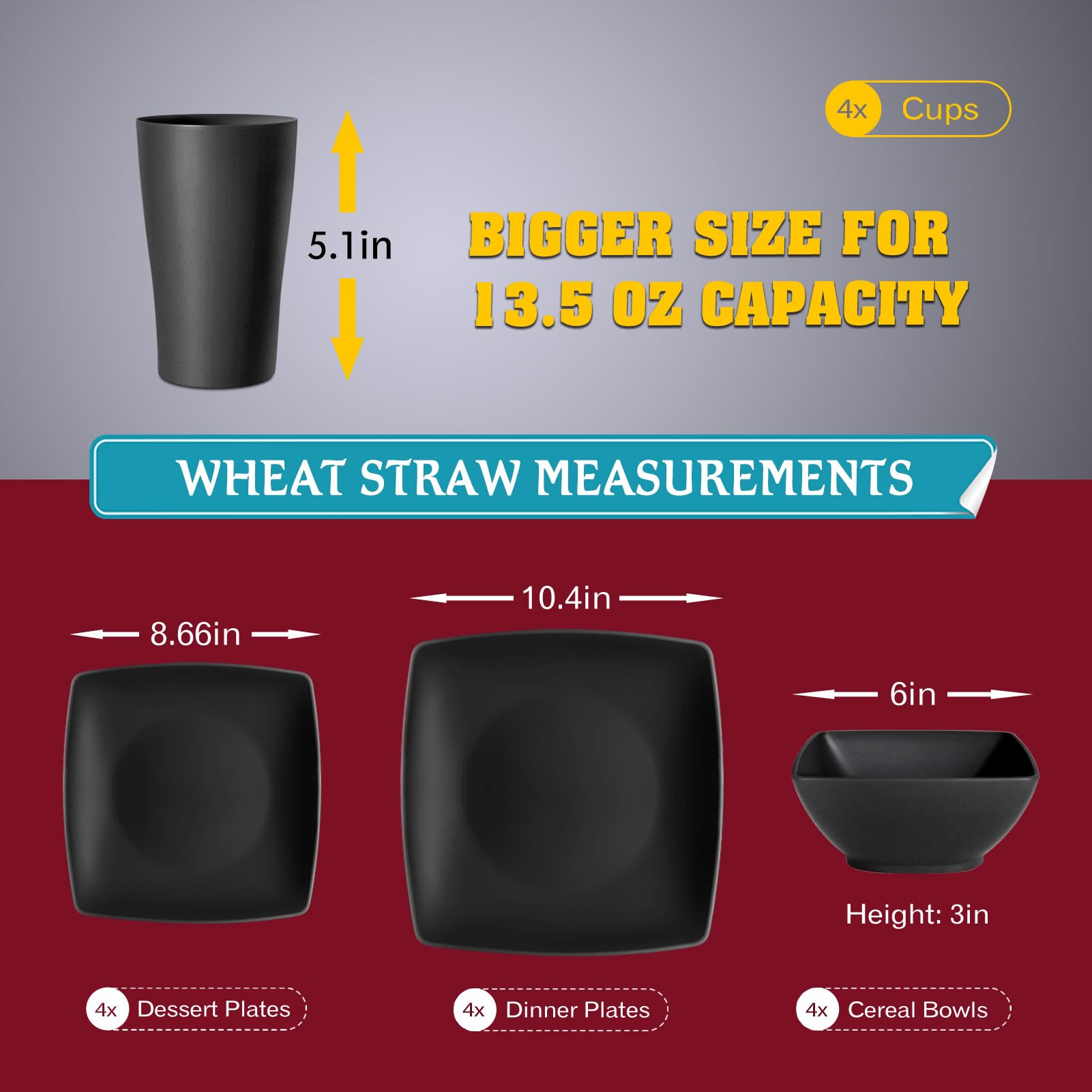 Teivio 16pc Unbreakable Wheat Straw Dinnerware Set for 4 - Plates, Bowls & Tumblers | Dishwasher Safe for Daily Use