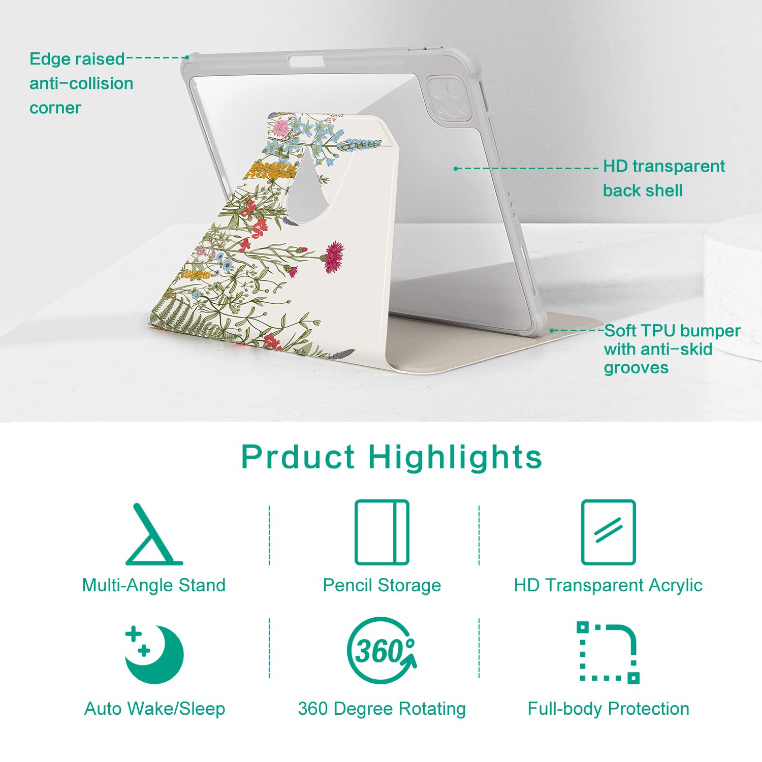 Rotating iPad Air 11 inch Case (M3/M2) 2025/2024 - 360° Multi-Angle Adjustable Stand with Pencil Holder for iPad Air 5th/4th Gen 2022/2020 & iPad Pro 11-inch - Floral Design - Perfect for Work, Study, and Entertainment
