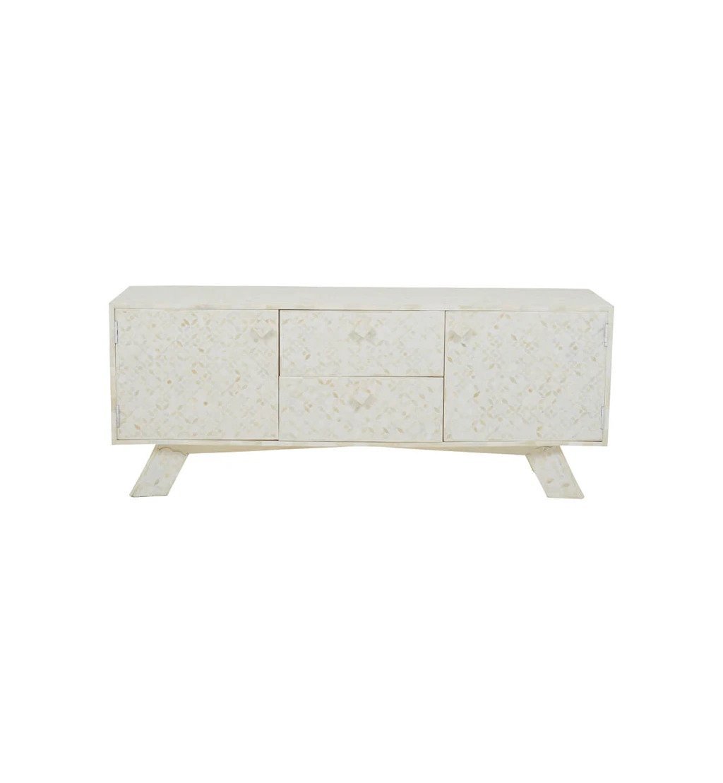 Handmade White Bone Inlay TV Stand with Geometric Patterns - Modern Media Console for Living Room, Bedroom & Home Theater Decor