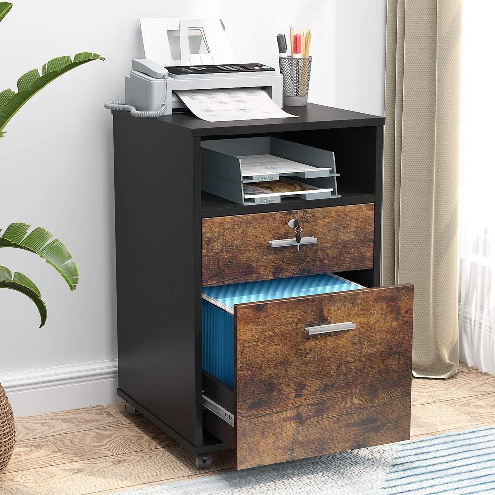 2-Drawer Locking File Cabinet with Wheels - Mobile Printer Stand for Office or Home Use, Heavy-Duty Storage Organizer for Documents and Supplies