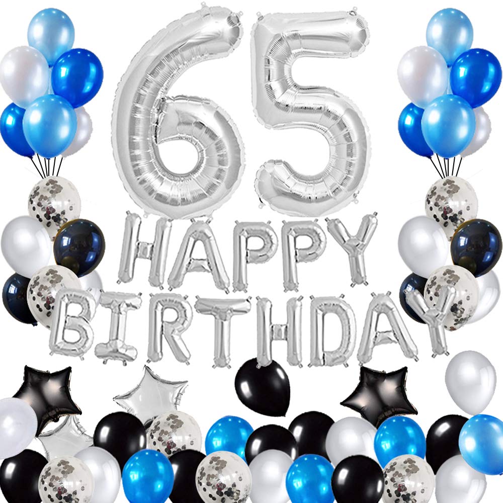 65th Birthday Party Decorations Set - Happy Birthday Foil Banner, Number 65 & Star Balloons, 47 Silver & Blue Latex Balloons | Perfect for Milestone Celebrations, Retirement Parties & Anniversary Decor