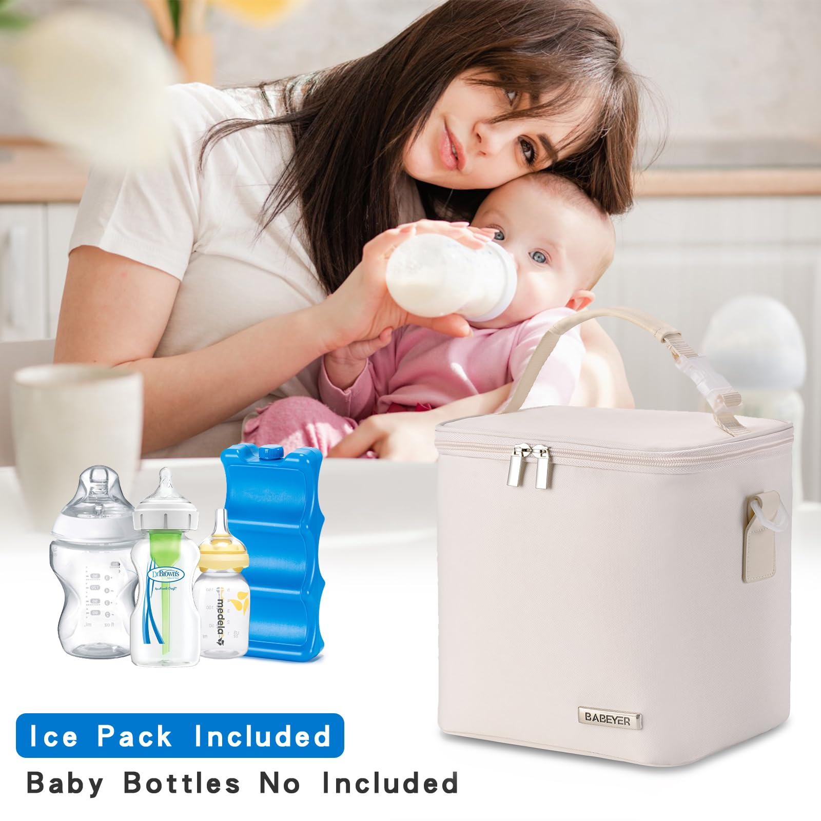 Premium Insulated Breastmilk Cooler Bag with Ice Pack - Holds 6 Baby Bottles (Up to 9oz) | Convenient Shoulder Strap for Nursing Moms | Perfect for Daycare, Work & Travel | Cream Color
